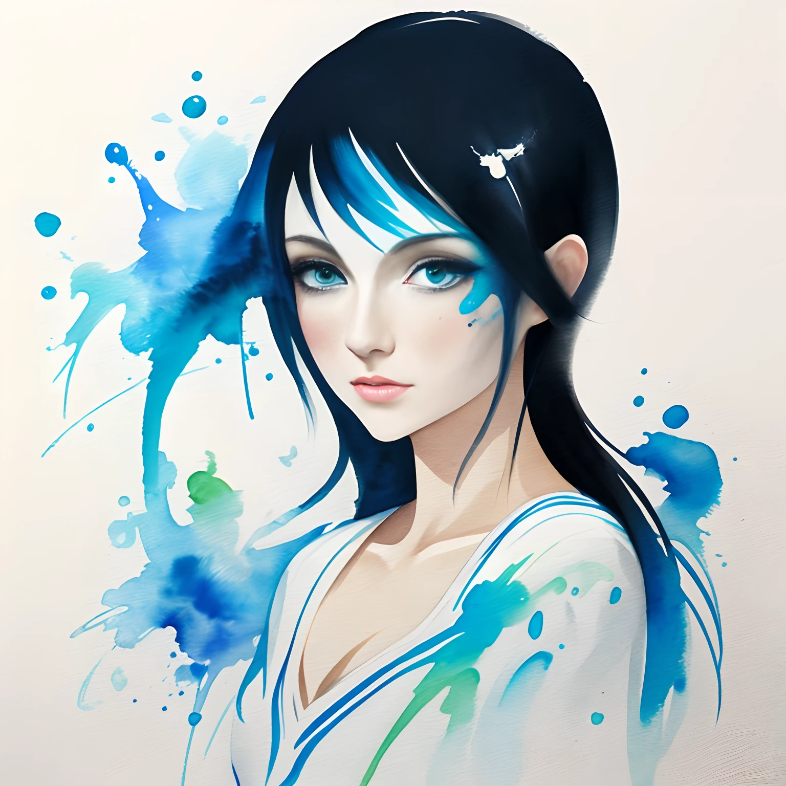 white backgrounid,aquarelle,Woman avatar,chaste,abstracted,painting of a,succinct,Splash ink