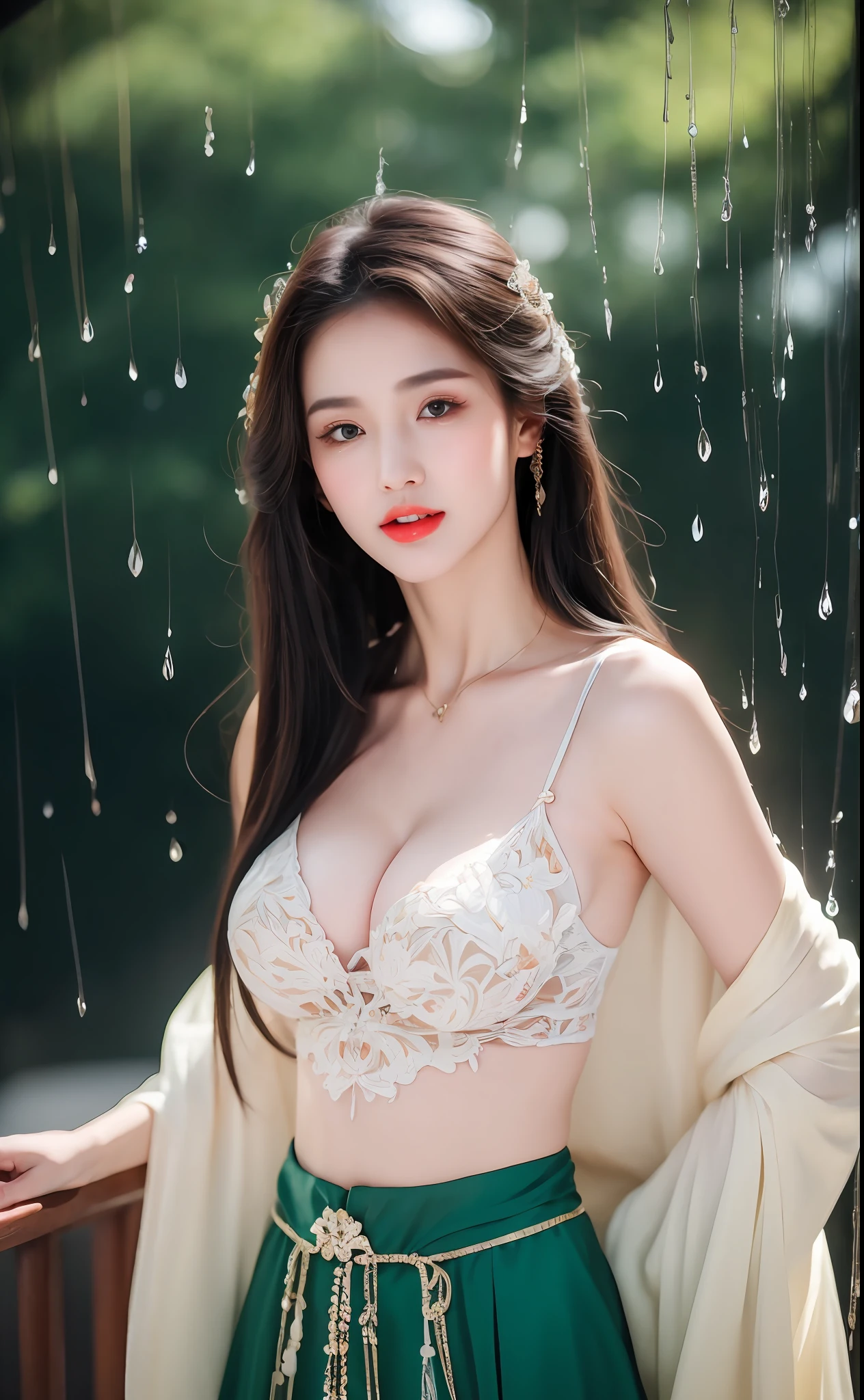 ((Best Quality, 8k, Masterpiece: 1.3)), Focus: 1.2, Perfect Body Beauty: 1.4, Buttocks: 1.2, ((Layered Haircut)), (Wet Clothes: 1.1), (Rain, Street:1.3), (Breasts: 1.2), (Hanfu: 1.2), Bare Shoulders, Bare Legs, Highly Detailed Face and Skin Texture, Fine Eyes, Double Eyelids, Whitened Skin, Long Hair, (Shut Up: 1.5), (Bokeh Background: 1.5), Big Breasts