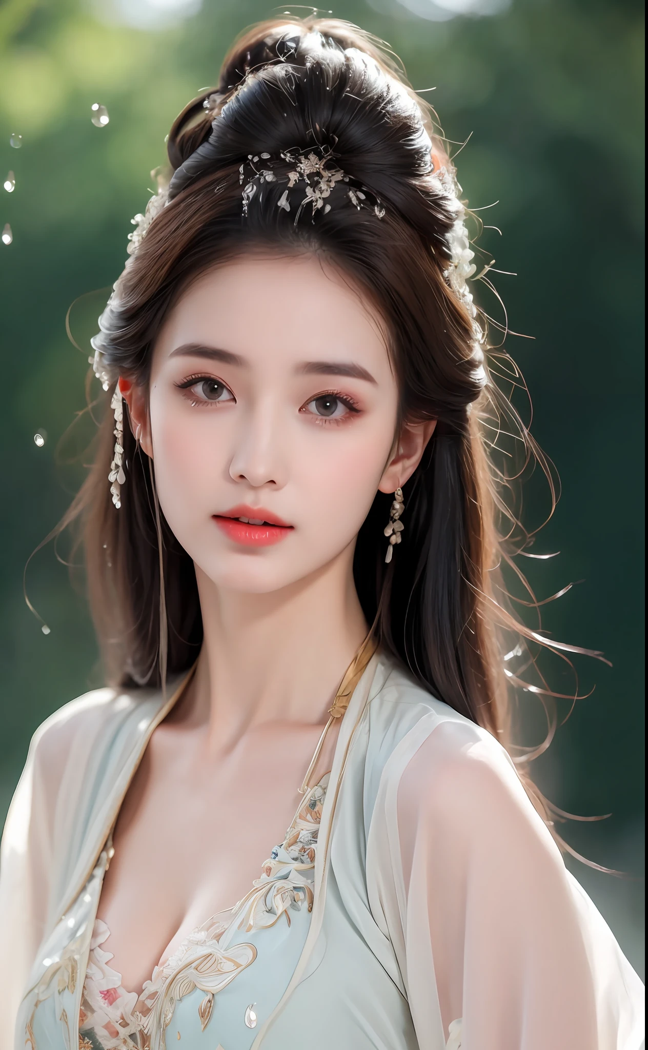 1 realistically beautiful girl, waist length hair, black eyes, ancient Ao Dai, style hanfu, wearing a thin silk shirt of ancient China, pink and smooth white skin, wearing a discreet ancient style ao dai, appears shoulders and head in the photo, plump red lips, pout, mouth shut, embarrassed, small face makeup detailed and very beautifull, breast augmentation, blum boobs, Cover the girl's chest with a camisole inside, blush, from front, wear earrings, necklaces, from above, looking at viewer, upturned eyes, full body, masterpiece, top quality, best quality, official art, unity 8k wallpaper, highres, ultra-high res, ultra-detailed, (photorealistic:1.2), alone, solo, Only 1 girl, style hanfu Dunhuang, 10x pixels, super realistic, ultra high quality, full body view of the girl, upper body,