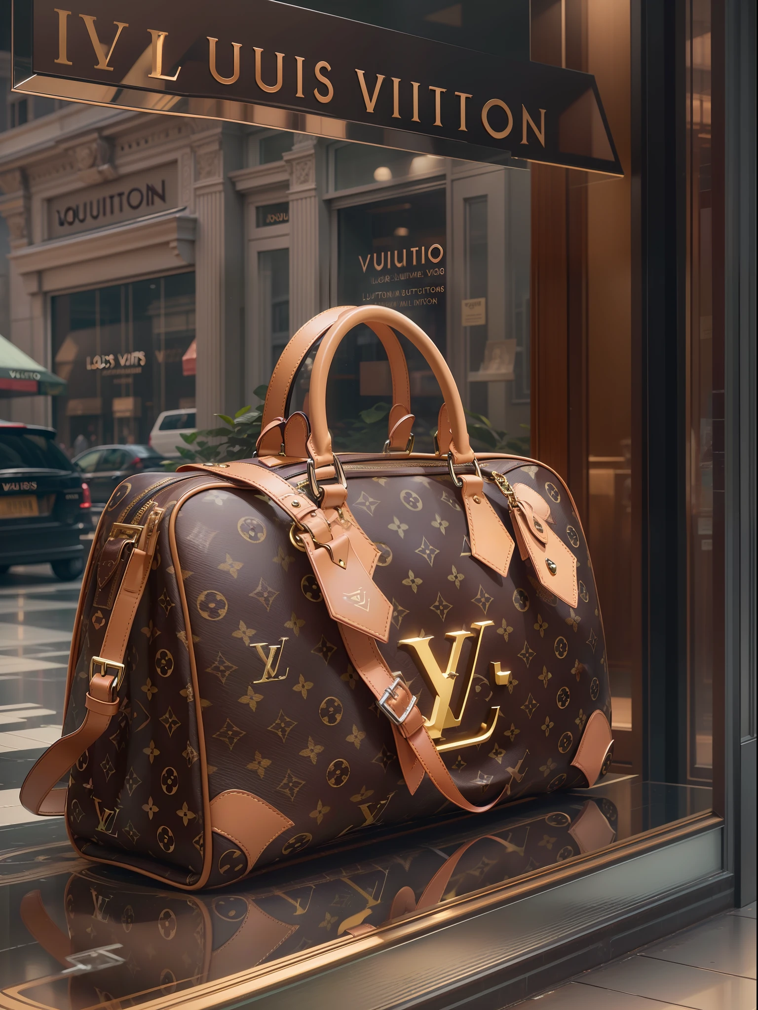 super detailed luxury bag with Louis vuitton logo with shop window background, Photorealistic, Photorealism, Full-HD, 1080p, 16k, Realistic, Hyperrealistic, Hyper Real, digital