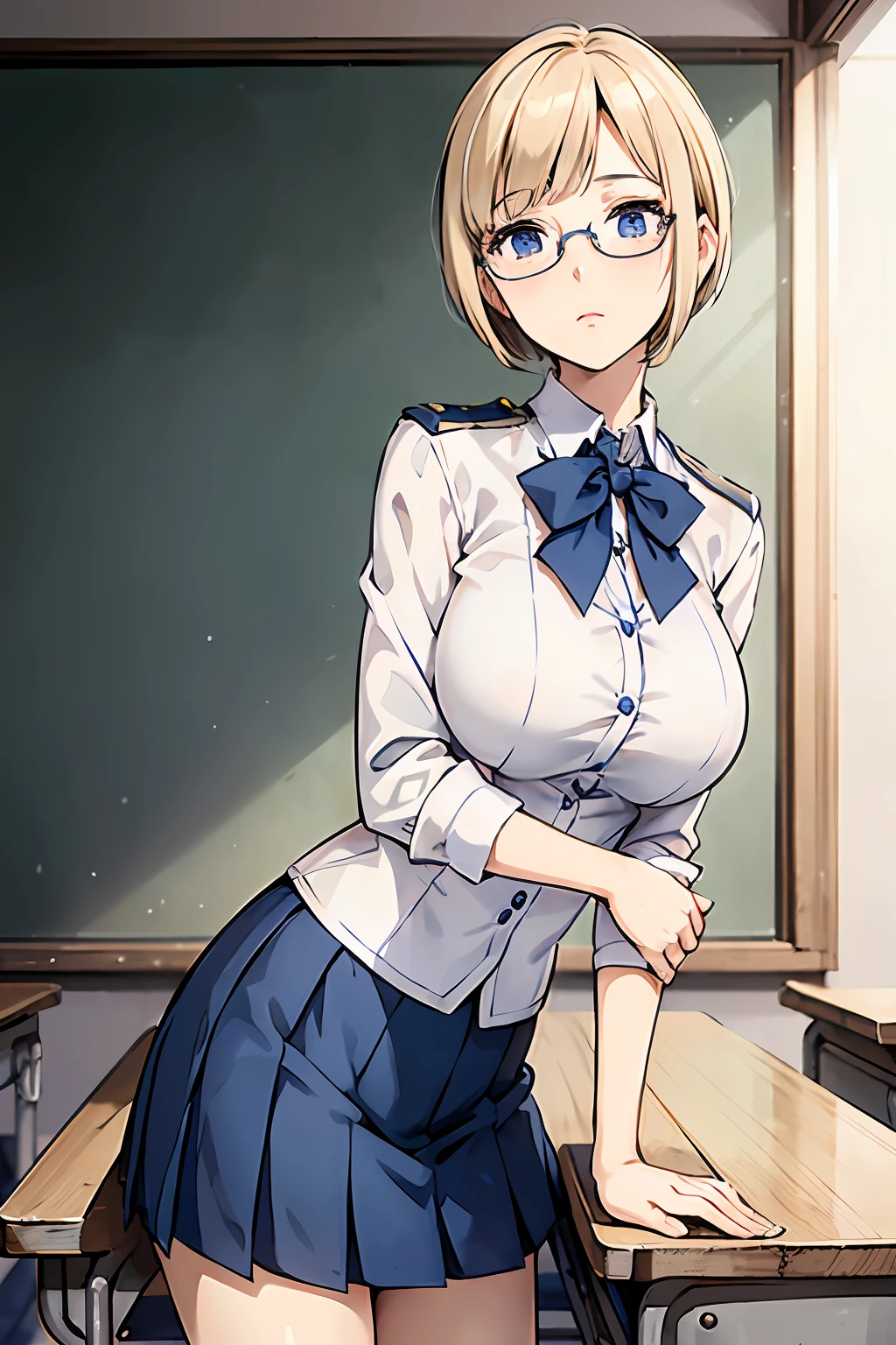 elite school uniform, blue white uniform, skirt, adault, 22 years, blond hair, short hair, chignon hair cut, round glasses, blue eyes, beautiful eyes, mid-sized breast, neutral expression, tall girl, nerd girl masterpiece, classroom background