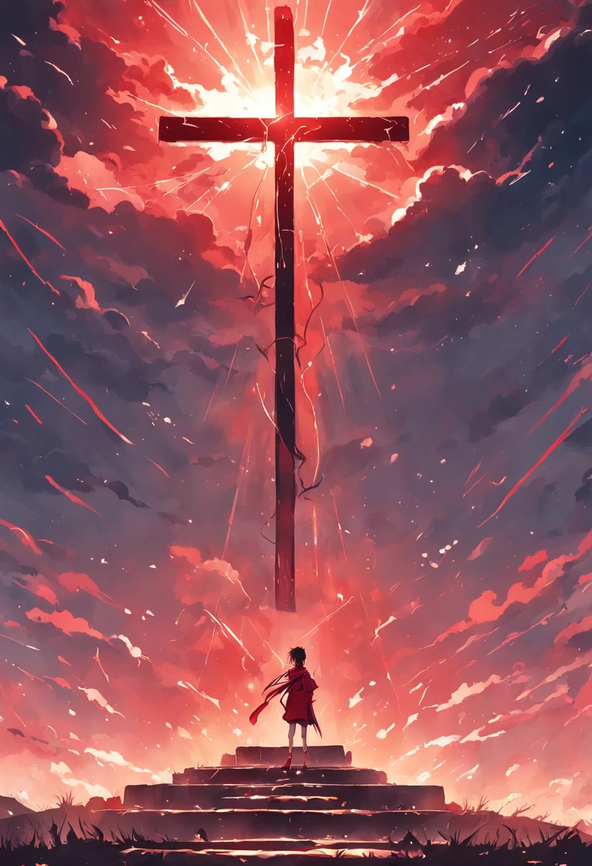 Calvary cross with red tunic on the cross swaying with the strong wind and the reddish dark sky with dark clouds and many rays