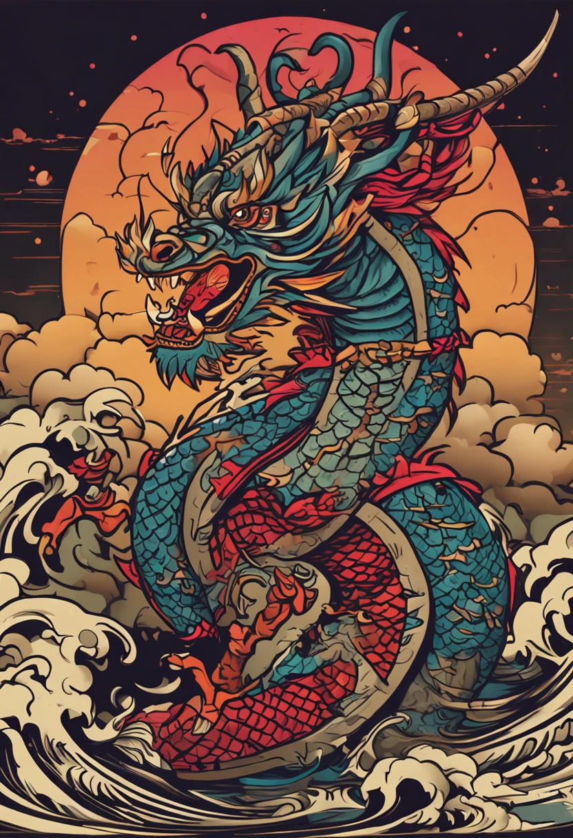 Tatuagem nas costas de um homem adusto com imagem de dragao chines em estilo old school em cores simples, mesclando com imagem da mascara de um samurai no centro da figura