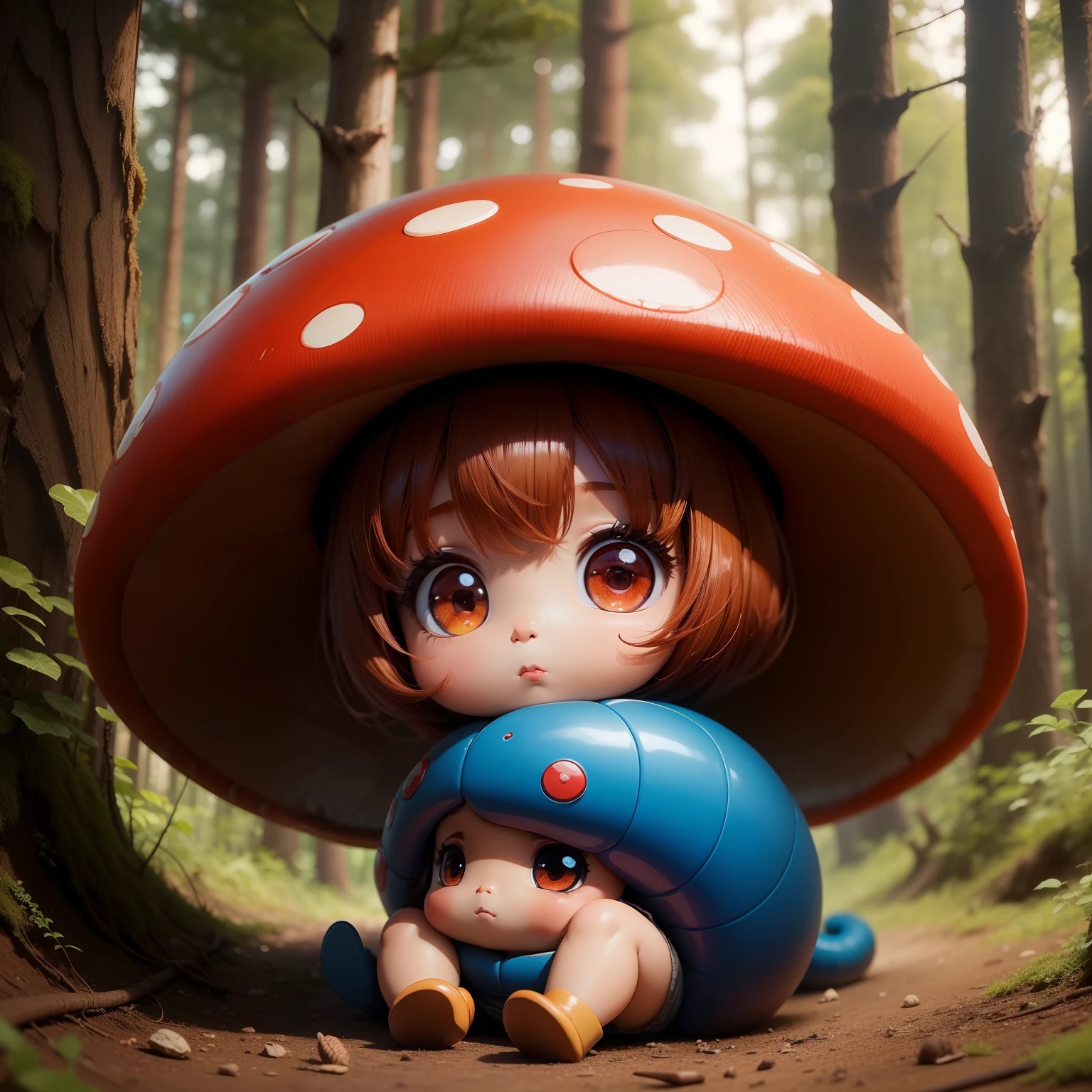 Cute brown skin baby chibi anime,Red mushroom,the woods,Blue snake,