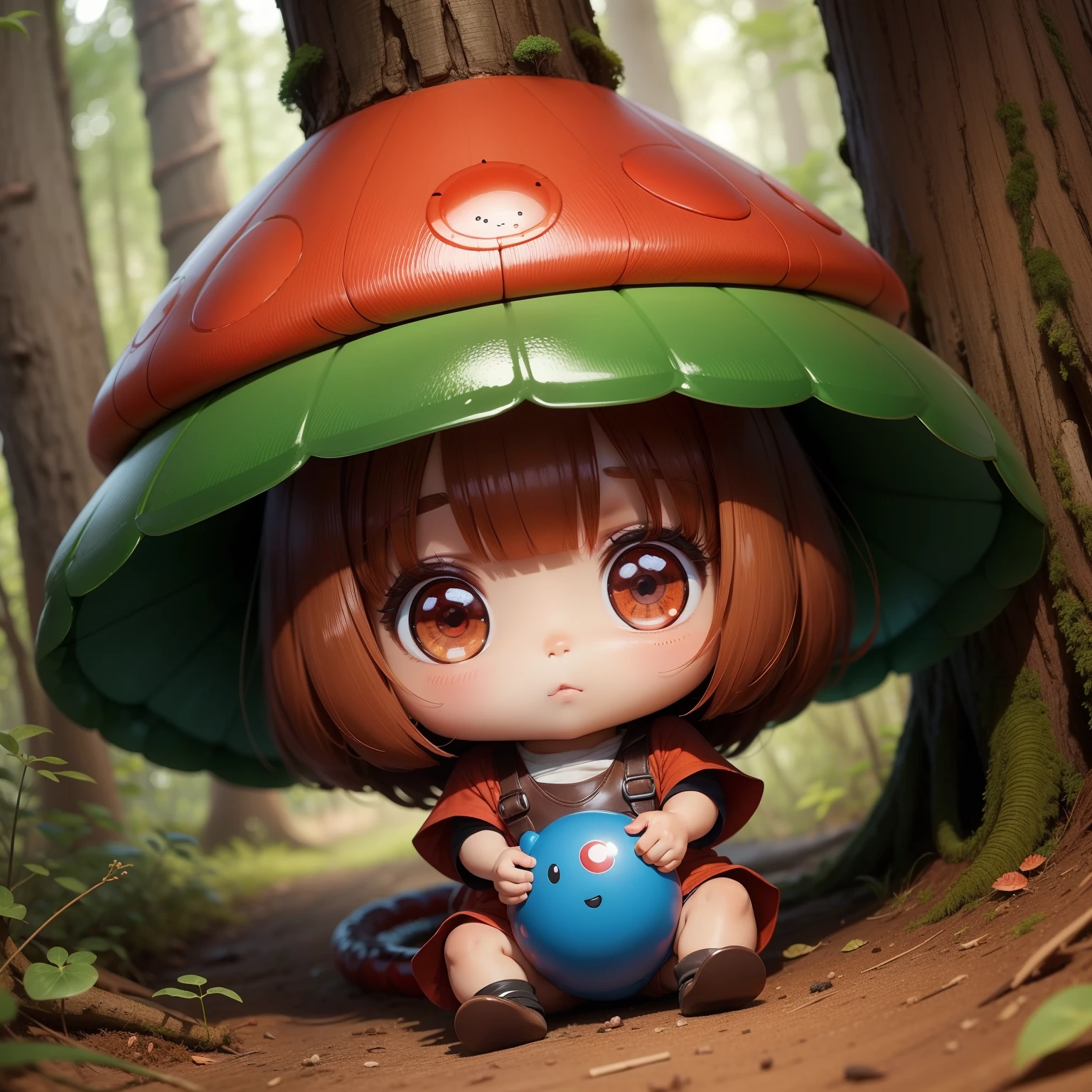 Cute brown skin baby chibi anime,Red mushroom,the woods,Blue snake,
