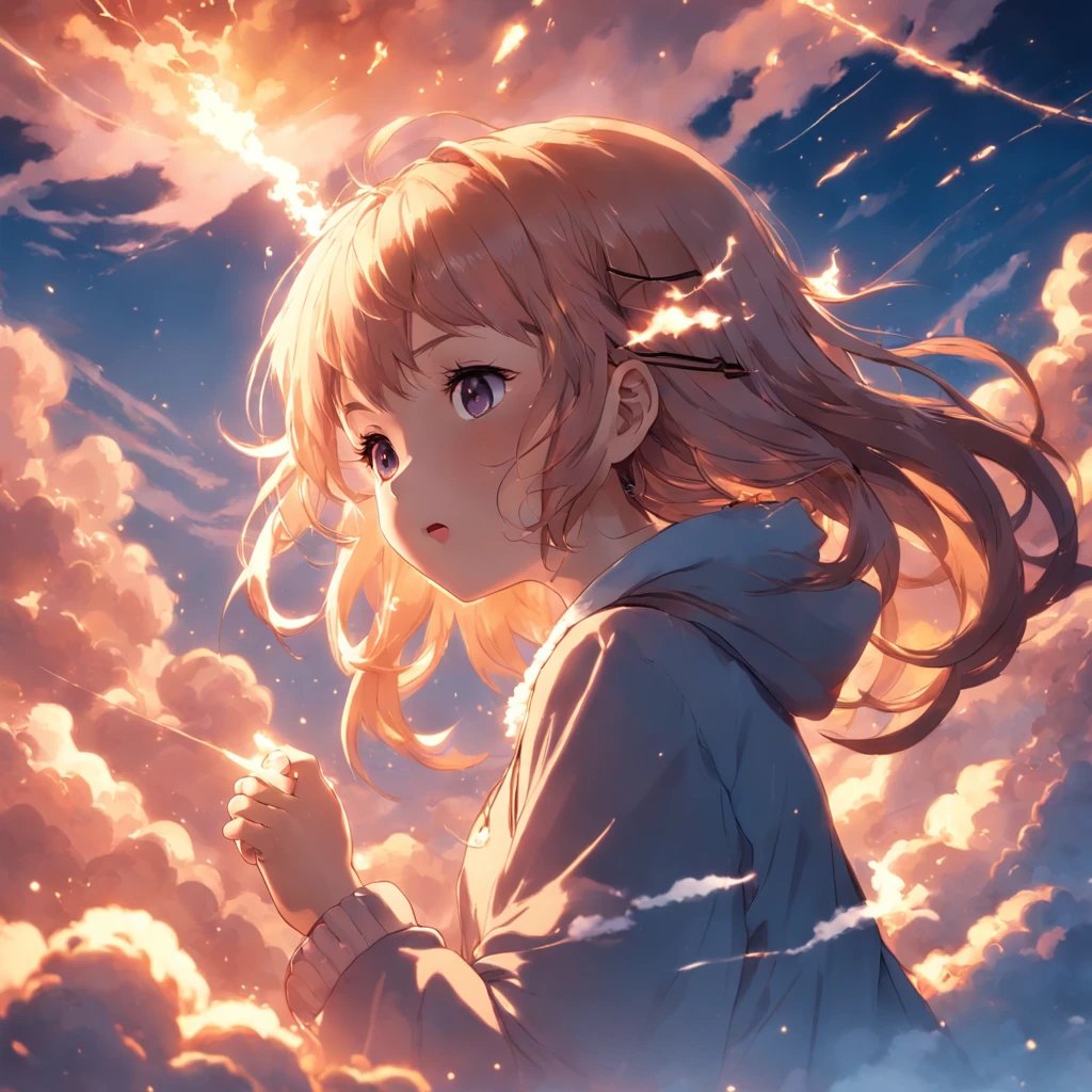 masterpiece, best quality, movie still, 1girl, cloud girl, floating in the sky, close-up, bright, happy, warm soft lighting, sunset, (sparks:0.7)