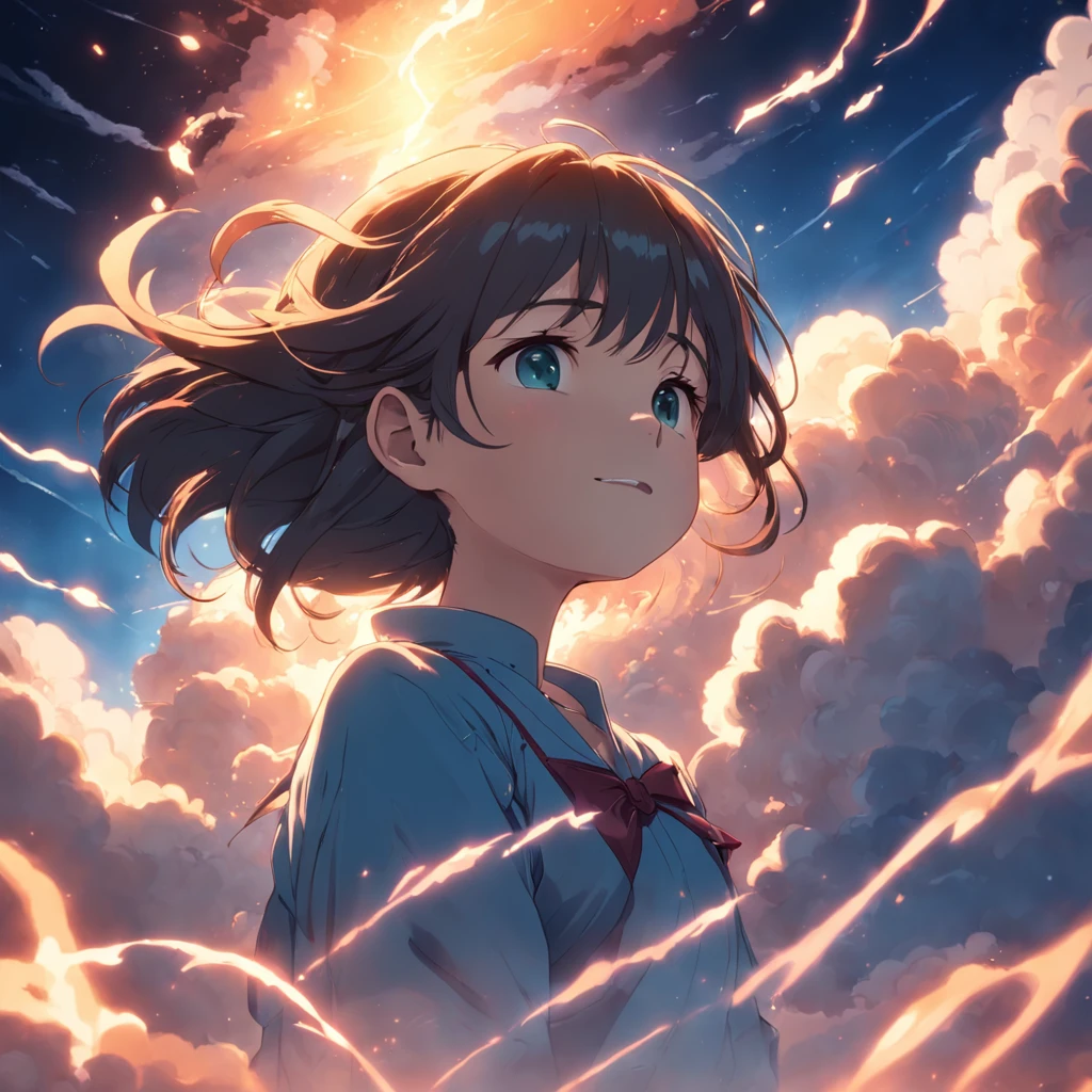 masterpiece, best quality, movie still, 1girl, cloud girl, floating in the sky, close-up, bright, happy, warm soft lighting, sunset, (sparks:0.7)