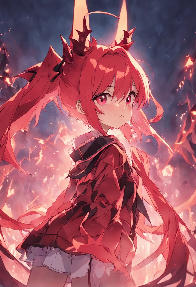 Eight-toothed girl with shallow scarlet hair and twin tails with horns on one side、Red mesh、One-winged devil、No one-sided angle、The corners are peeled、Dragon Tribe Girl