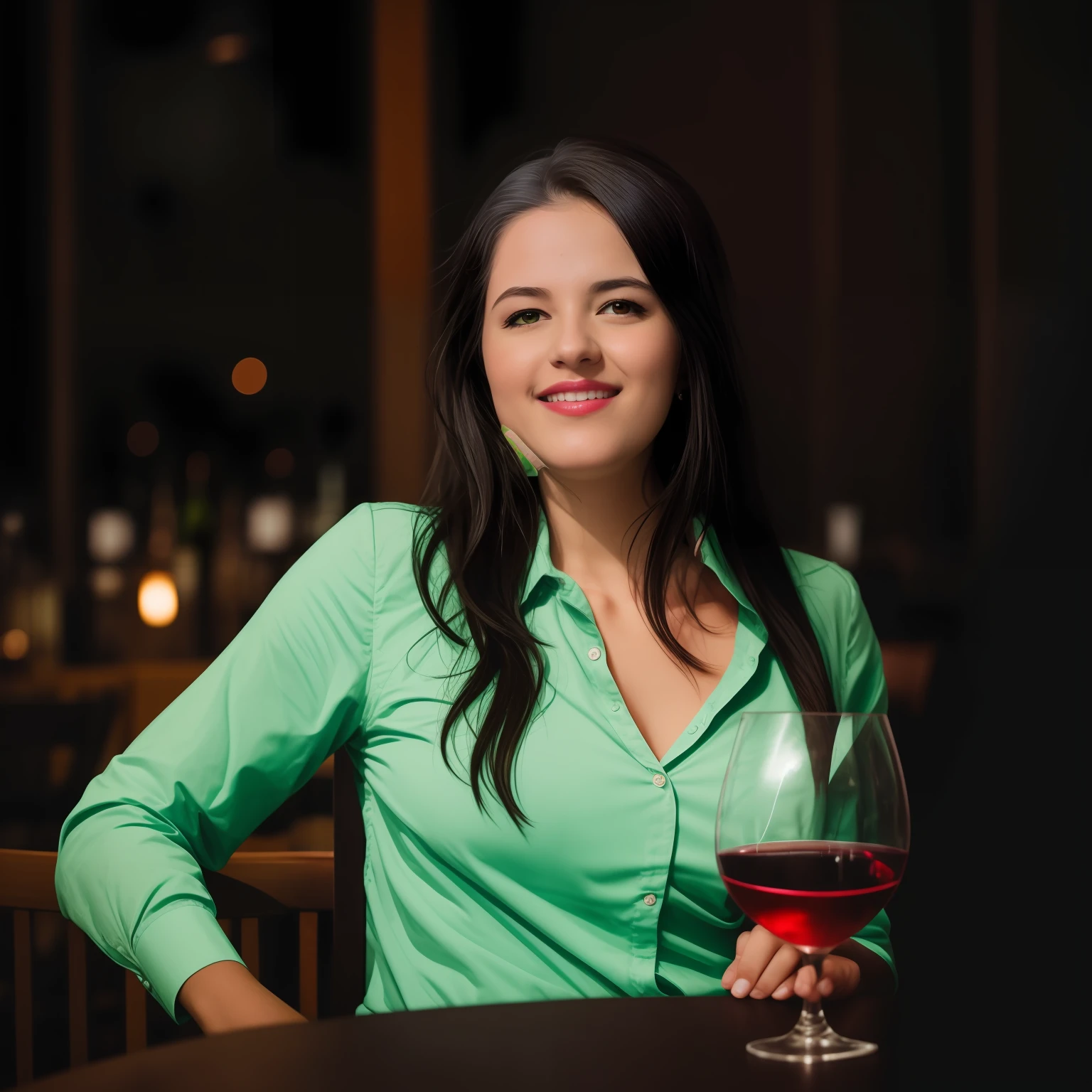 Woman sitting in a chair in a restaurant holding a glass of wine