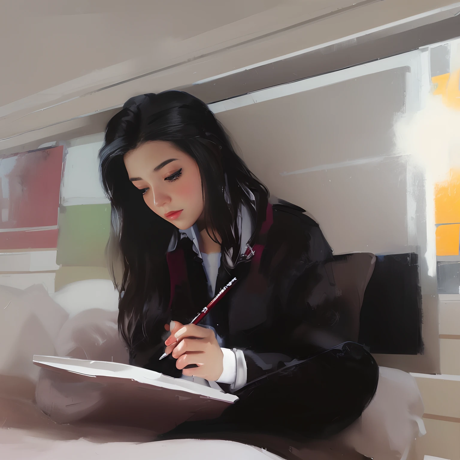 pintura de uma mulher sentada em uma cama escrevendo em um bloco de notas, Arte digital Ilya Kuvshinov, pintura realista da bonito, Breathtaking Ilya Kuvshinov, estudar no quarto, Paisagem de Ilya Kuvshinov, estilo de arte : Ilya Kuvshinov, estilo de arte realista, estilo de arte realista, ( Ilya Kuvshinov ), Pintura realista