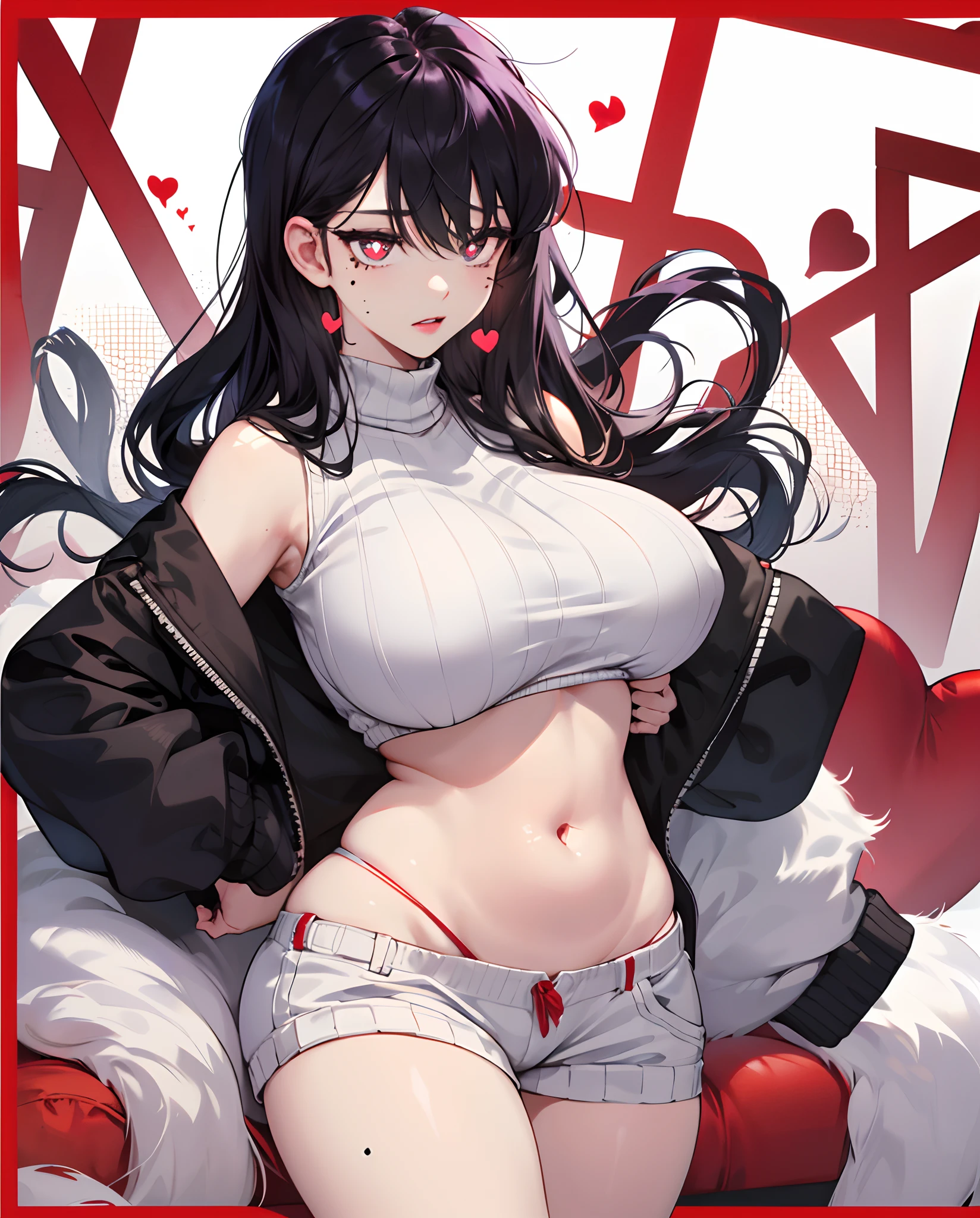 komi shouko,(A white border around a red rectangular background：2.Open your hips，revealing her belly，huge tit，whitesweater，High detail,Moles under eyes, Love heart-shaped pupils with many hearts，Fleshy thighs,