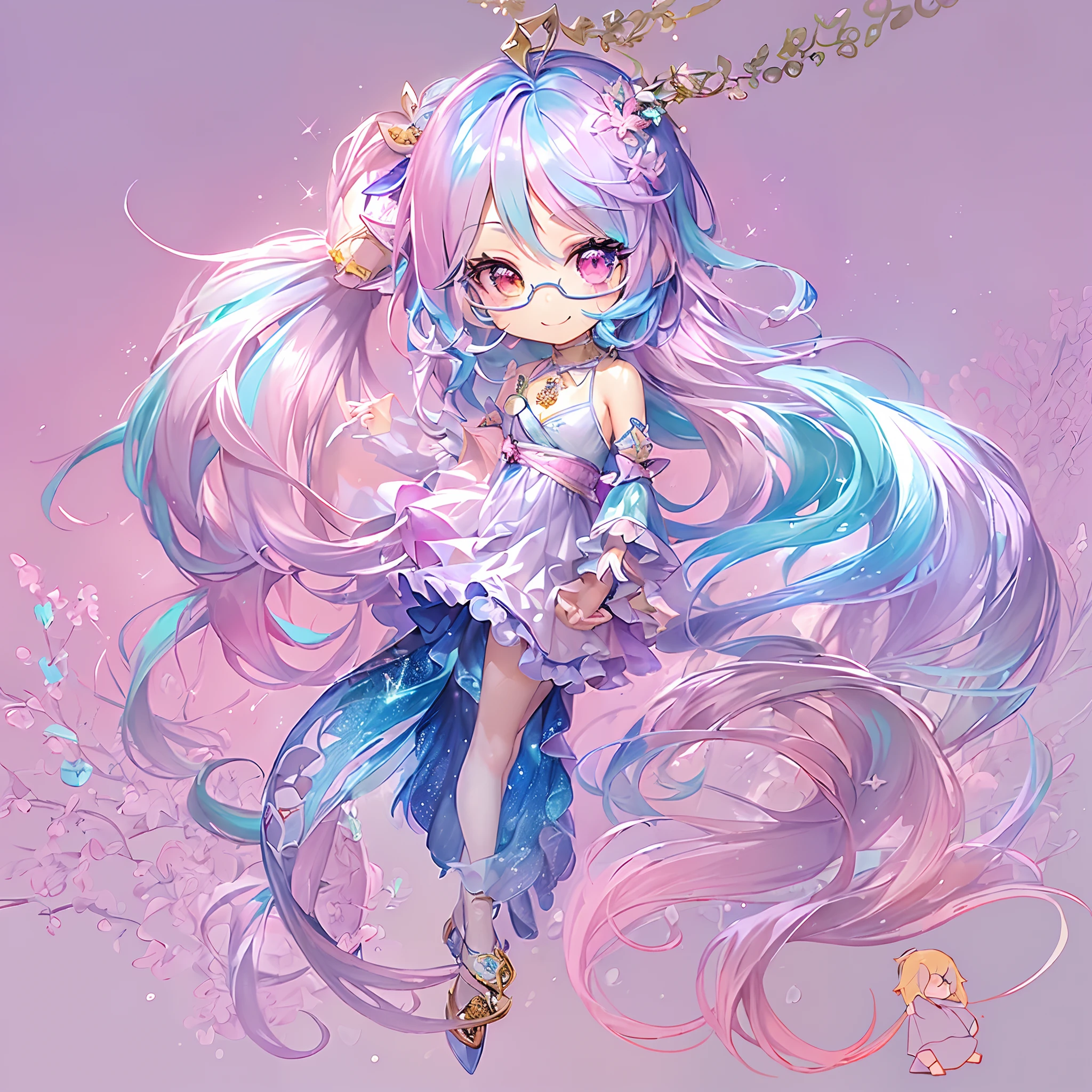 (Chibi:1.5)((masutepiece, of the highest quality, Watercolor art (Pendants), Beautiful and aesthetic: 1.2)), (Golden ratio: 1.2), (Full body: 1.2), (Super Detail: 1.3), (1 girl in: 1.3), (Fractal Art: 1.3), (Glitter Pupil)),(eye glass:1.5) ,(Iridescent hair, Colorful hair, Half light blue and half pink hair: 1.2)), (Heterochromia), (Colorful: 1.5), (((Shy face)), (full body Esbian), (Hyper-detailing), ((delicate detail)), (intricate-detail), ((Cinematic Light, Highest quality backlight)), High contrast, ((The best lighting, Very delicate and beautiful)), (( Cinematic Light)), (ray trace reflection, Glow), (((glowing aura)), ((Glowing hair)), ((Super Detail)), (8K)), ((a closeup)), ((Seductive smile)) ,((FULL BODYSHOT))、(Chibi:1.5)