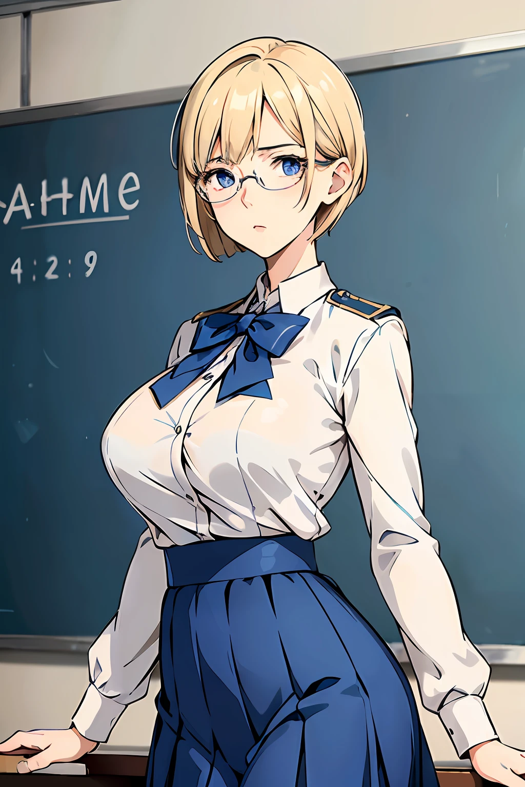 elite school uniform, blue white and gold uniform, skirt, adault, 22 years, blond hair, short hair, chignon hair cut, round glasses, blue eyes, beautiful eyes, small to mid-sized breast, neutral expression, uninterested look, tall girl, masterpiece, classroom background