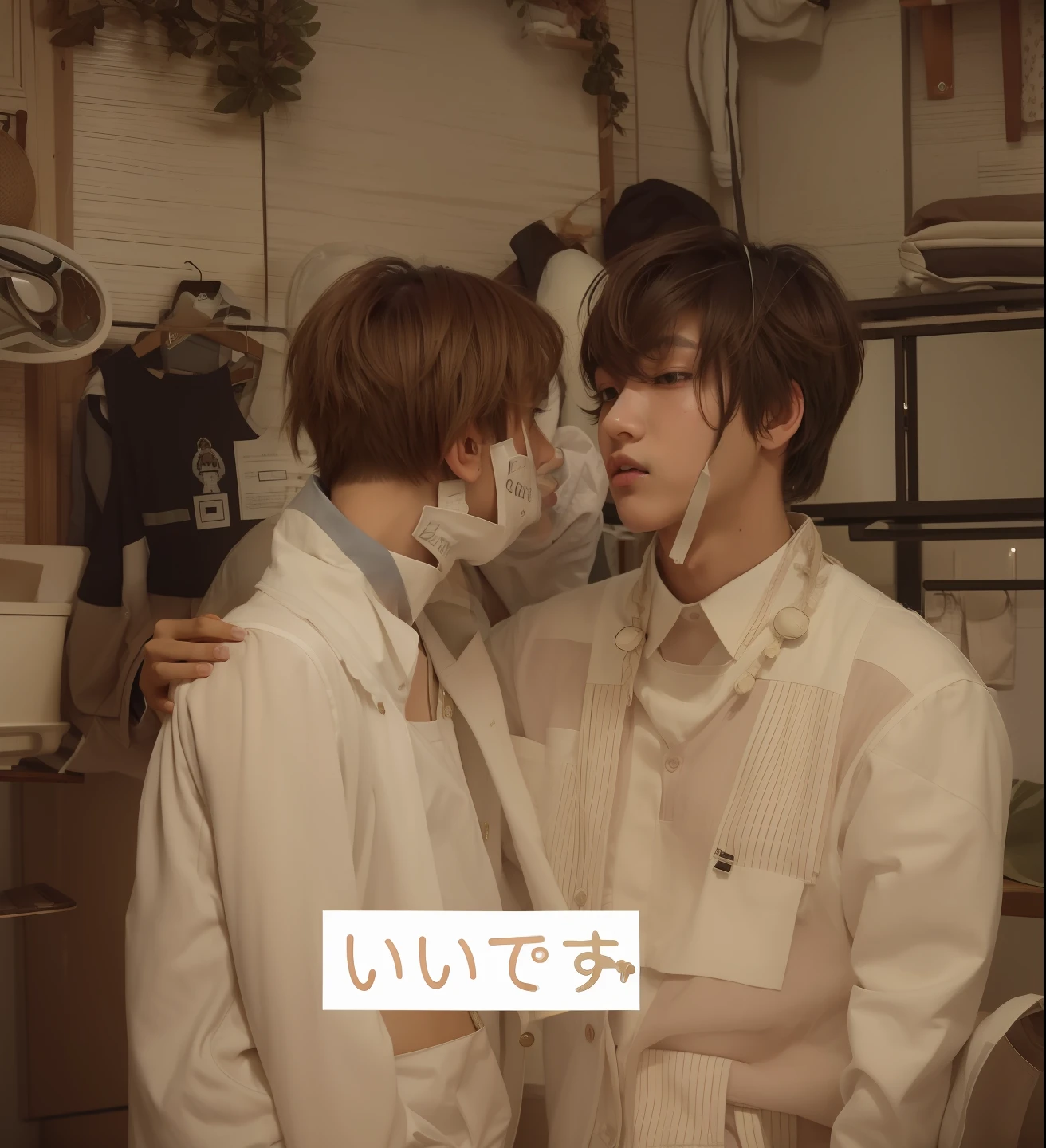 nct, Boys Love, Haechan, Renjun, Chinese, Korean, nffsw, Lovers, kiss, inside in room, The boy on the right has brown hair, The boy on the left has white hair, Cute, blue outfit, Hands, Clean image quality、Clean face、