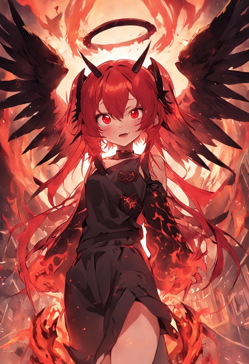 A demon girl with red hair and twin tails, large black wings and small horns.、Has double teeth and an open mouth、、Flame tattoo on the body、Horns on the face、There is a red mark on the cheek、Halo、Circle of Black Angels(Diabolical)Ryujin