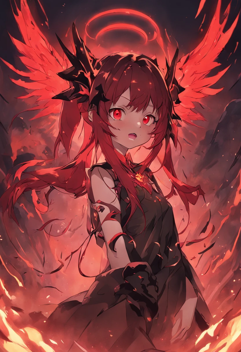 A demon girl with red hair and twin tails, large black wings and small horns.、Has double teeth and an open mouth、、Flame tattoo on the body、Horns on the face、There is a red mark on the cheek、Halo、Circle of Black Angels(Diabolical)Ryujin