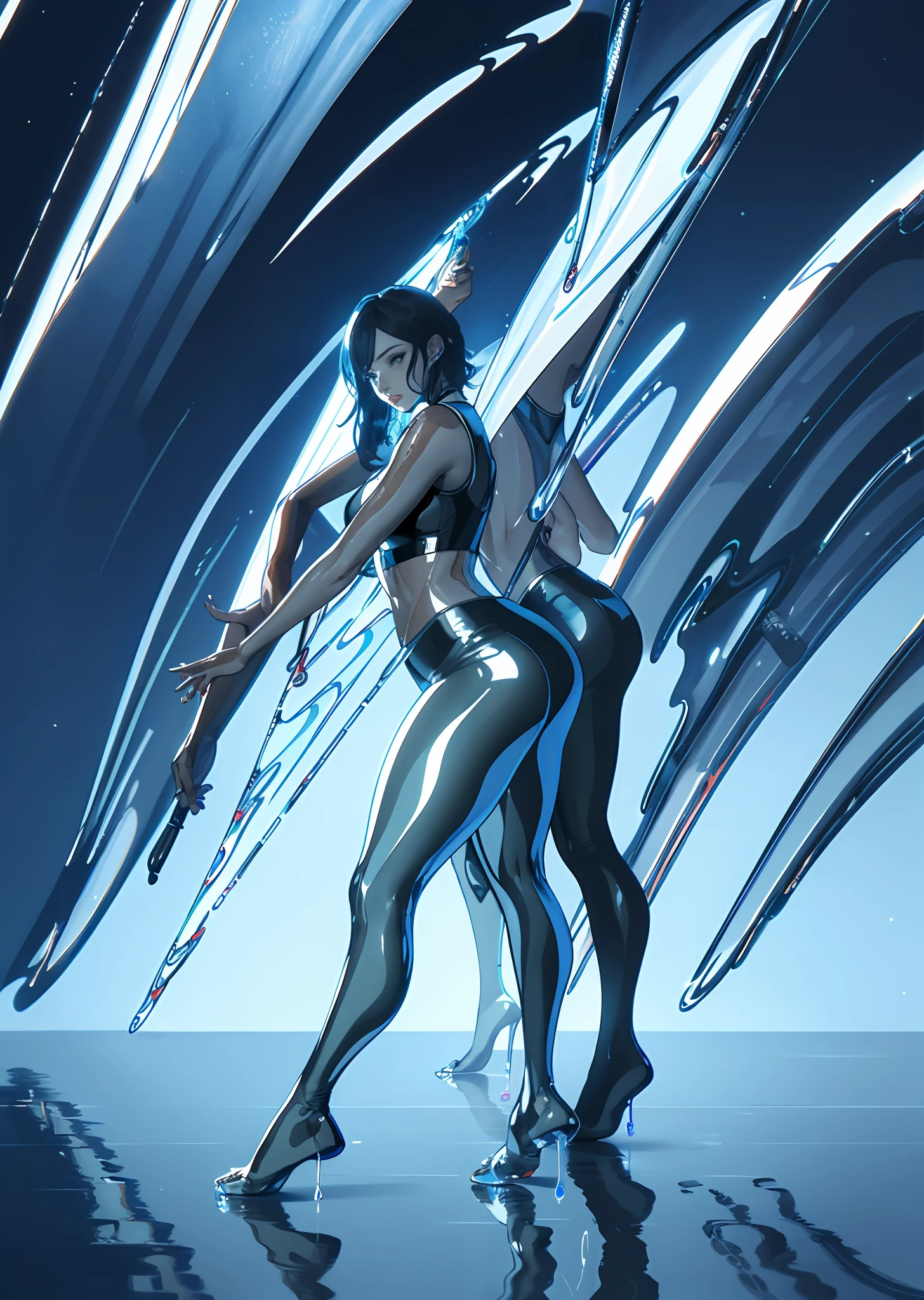 (full bodyesbian:1.5),(1girll:1.3),(view the viewer:1.4),(anatomy correct:1.4),(Dance in bed:1.2),(Wear yoga pants:1.2),(Extra-long black and blue gradient hair:1.2),(Accurate and perfect face:1.3),(Long legs and big feet:1.3),((Skin reflection , gloss on the skin):2)hyper HD, Ray traching, reflective light, structurally correct, Award-Awarded, High detail, Fade shadow contrast, Face lighting ,Cinematic lighting, Masterpiece, super detailing, High quality, High detail, Best quality, 16k,High contrast,