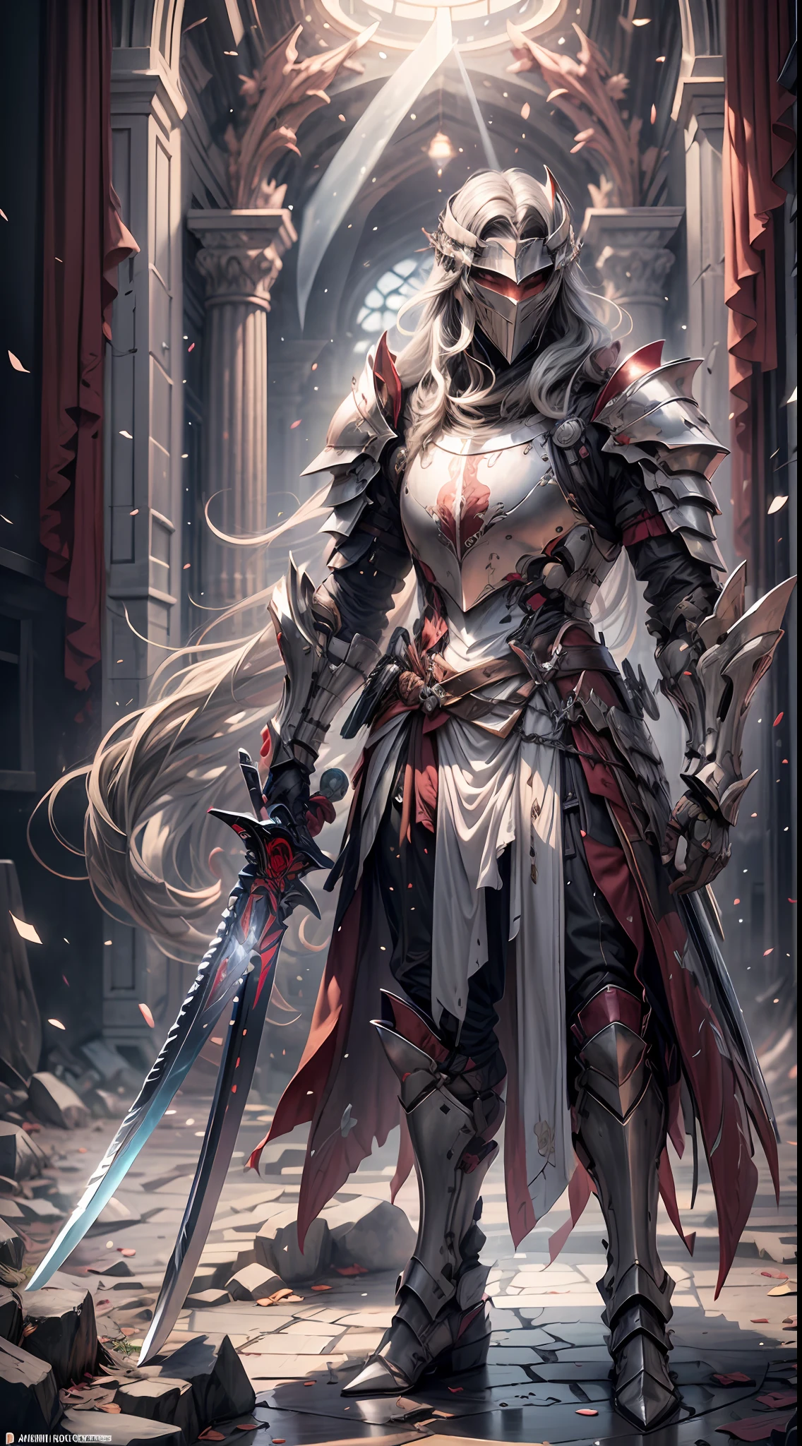 (a teenager male knight in cracked sliver armor), handsome, ((he raise a sword that gleaming with shine)), a shield on his hand,a giant fantasy gate church behind him, light from the sky, BREAK silver hair, black hair, gradient hair, full body,chiaroscuro, cinematic lighting, god rays, ray tracing, reflection light, ((close-up)), BREAK,Detailed,Realistic,4k highly detailed digital art,octane render, bioluminescent, BREAK 8K resolution concept art, realism,by Mappa studios,masterpiece,best quality,official art,illustration,ligne claire,(cool_color),perfect composition,absurdres, fantasy,focused,rule of third