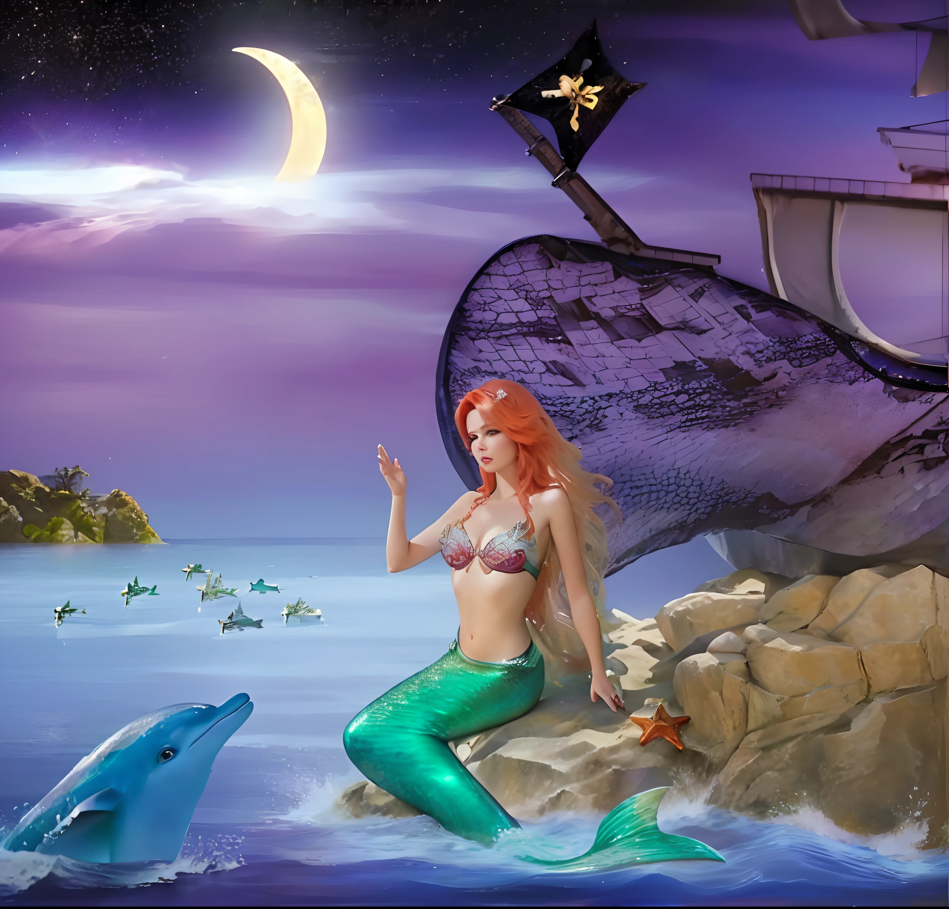 Red-haired mermaid Ariel sitting on a rock, Dolphin looks at her from the water, children's cute animation in the style of Disney, Colorful, Fractal,
filigree, 3D Max, 4D Cinema, V - ray, high contrast, Insane detailed,
Unreal Engine 5, White balance, Super Resolution, Tone Mapping, ultra quality,
Detailed texture, octane number, супердетализация HDR, Sharpening of details,
ray traced, Smoothing, 32k