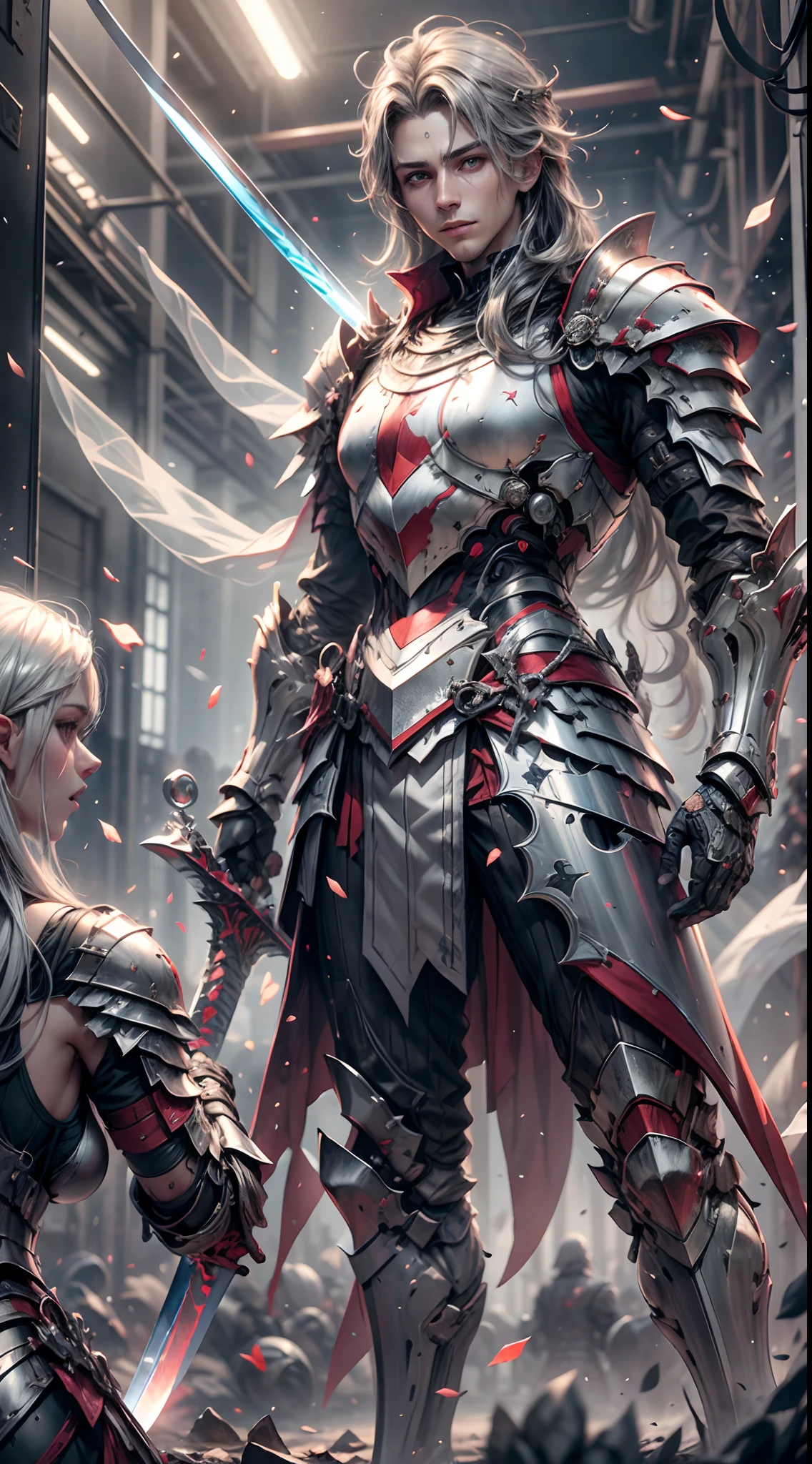 (a ager male knight in cracked sliver armor), handsome, ((he raise a sword that gleaming with shine)), a shield on his hand,a giant fantasy gate church behind him, light from the sky, BREAK silver hair, black hair, gradient hair, full body,chiaroscuro, cinematic lighting, god rays, ray tracing, reflection light, ((close-up)), BREAK,Detailed,Realistic,4k highly detailed digital art,octane render, bioluminescent, BREAK 8K resolution concept art, realism,by Mappa studios,masterpiece,best quality,official art,illustration,ligne claire,(cool_color),perfect composition,absurdres, fantasy,focused,rule of third