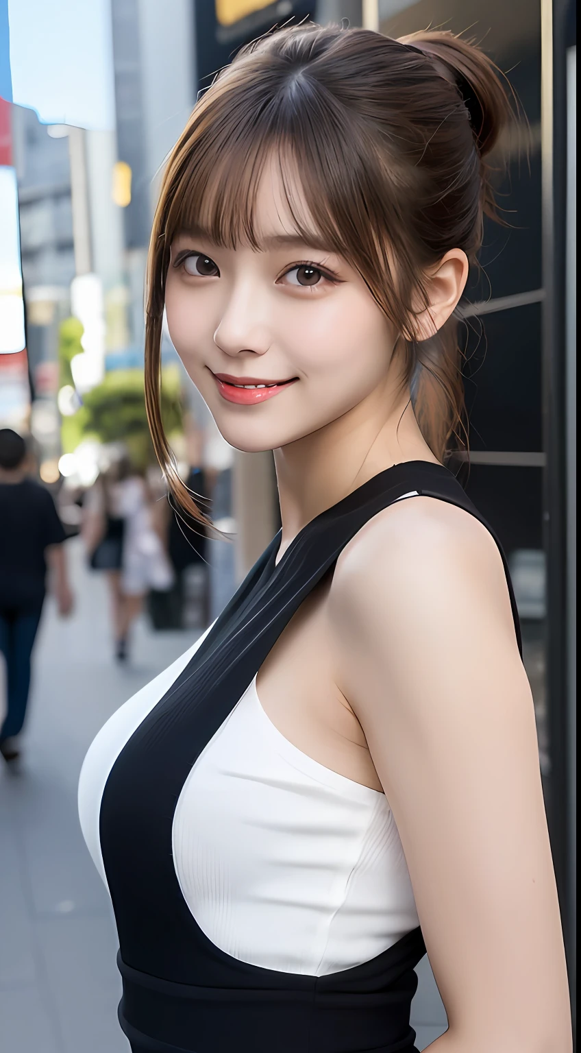 masutepiece, Best Quality, Illustration, Ultra-detailed, finely detail, hight resolution, 8K Wallpaper, Perfect dynamic composition, Beautiful detailed eyes, Women's Fashion Summer,Ponytail hair,Small breasts natural color lip, Bold sexy poses,Smile,Harajuku、20 years girl、Cute、Sexy shot looking at camera