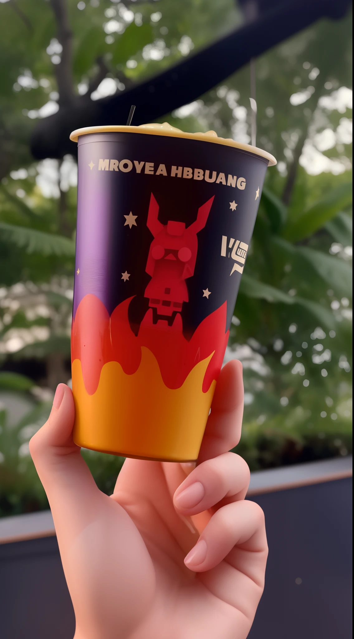 someone holding a glass with a devil in a park, An alien drinking horchata, Thanos como um barista da Starbucks, cintura alta, 🚀🌈🤩, sino de taco, Um McDonalds Gundam, 🥥 🍕 Hibrido, em um sino de taco, 🐋 as 🐘 as 🤖 as 👽 as 🐳, segurando uma bebida, the sacred cup of understading