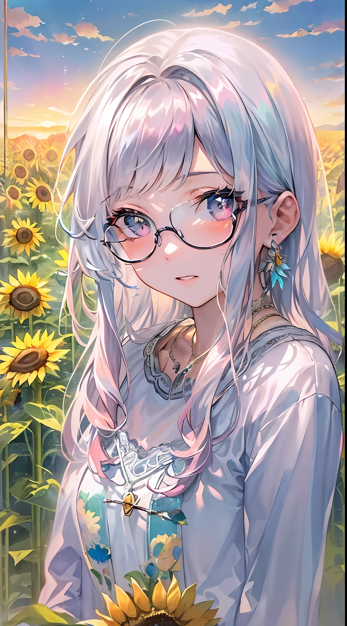 ((​masterpiece、top-quality、Watercolor art(Pendants)、Official art、Beautifully Aesthetic:1.2))、(1girl in:1.3)、(Fractal Art:1.3)、full body Esbian、((Glitter pupils))、patterns、((rainbow-colored hair、colourful hair、Half blue and half pink hair:1.2))、colourfull、(Silver-rimmed glasses)、Writing、heterochromia iridis、(colourfull:1.5)、((Shy face))、one piece dress、(Standing)、(Hyper-detailing), ((delicate detail)), (intricate detailes), ((ciinematic light, best quality backlight)), highcontrast, ((The best lighting, extremely delicate and beautiful)), ((ciinematic light))、(ray trace reflection、brilliance)、((glowing aura))、((Radiant hair))、((The ultra-detailliert))、((8K))、(Background with:Sunset and sunflower field:1.5)、(evening:2),(Background with:Evening glow:1.5)、(Flower bouquet)