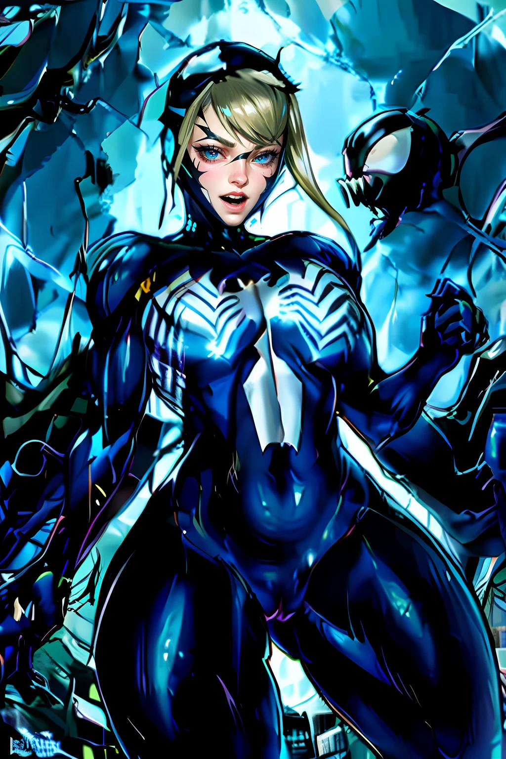 GwenStacy， SpiderGwen,Black Venom suit， White spider symbol on chest， dampness， Slimy， Black slime，Black and white tights, venom symbiote, fine art, PS5 movie screenshot, Highly detailed movie rendering, Raytricing ultra fotorrealista | | | | |, With cinematic lighting, (Natural pointed breasts:1.2), Wide buttocks correct anatomy.(camel-toe， Vulvar shape：1.2）