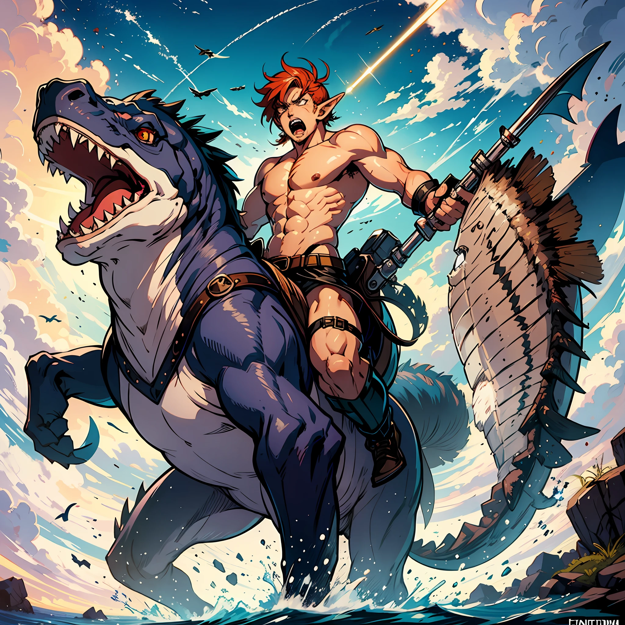 a muscular shirtless redhead elf wearing deapers, riding a utahraptor while wielding a shark with freaking laser beams, screaming like a madman, during a meter shower, illustrated by Frank frazetta