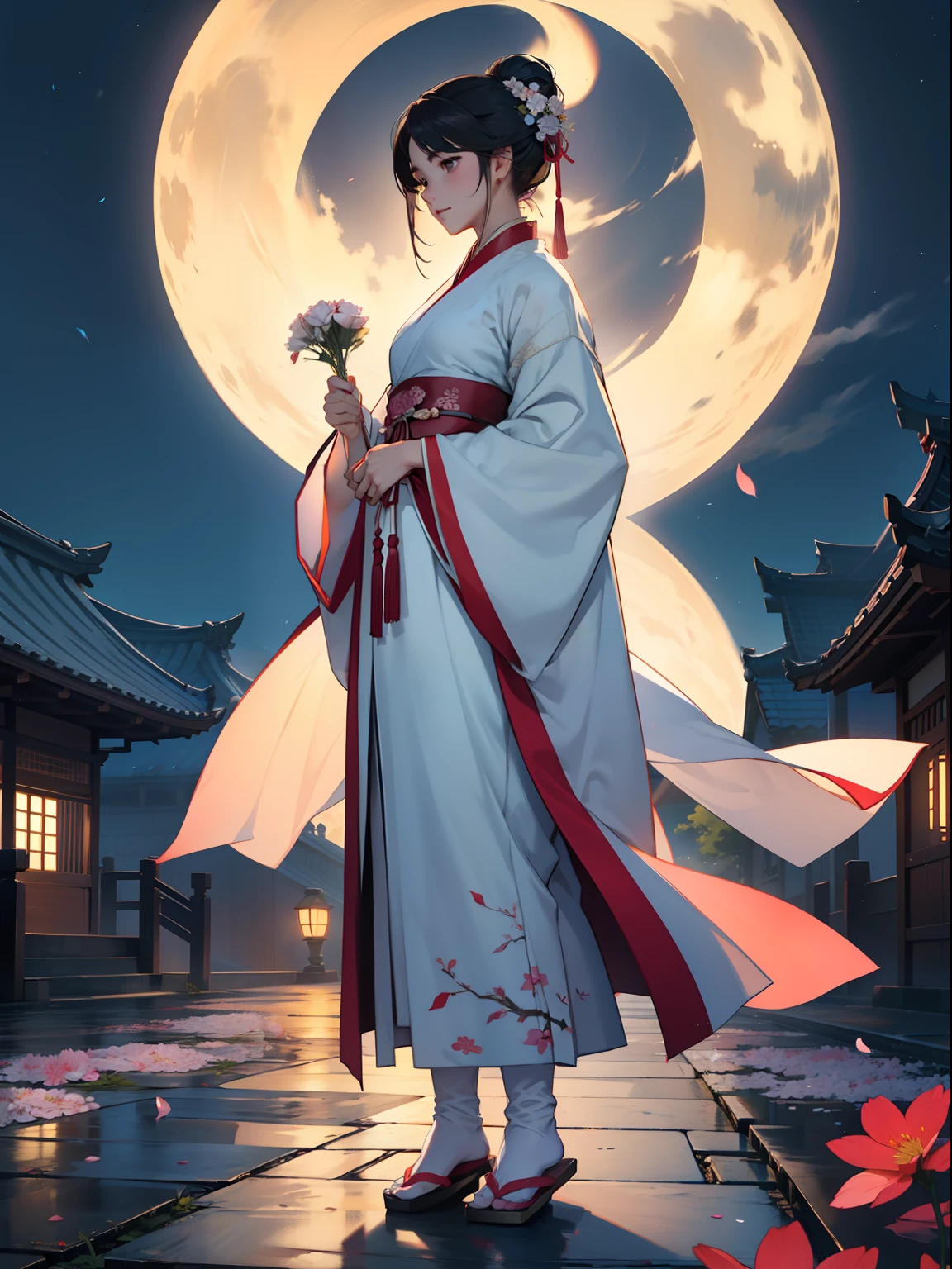 A woman who is,Hanfu,Flowers in hand,standing on your feet,nigth,