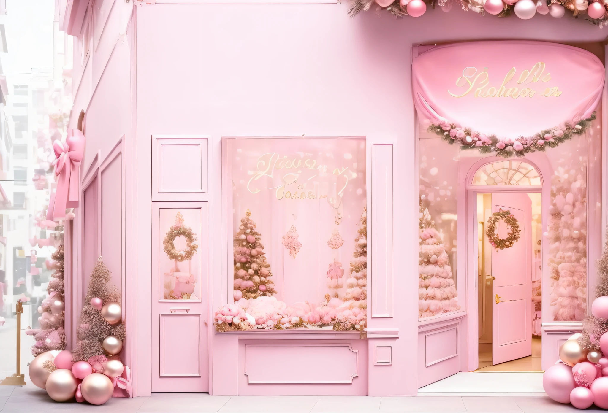 "there is a pink store front with a wreath and decorations, shades of pink, pink door, pink hues, pink, with soft pink colors, pink pastel, pink and gold color scheme, lavishly decorated, holiday season, (pink colors), pink and gold, shop front, by Marie Bashkirtseff, pink color scheme, pink reflections, pastel pink"