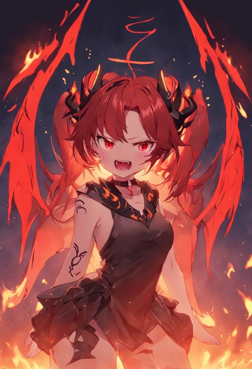 A demon girl with red hair and twin tails, large black wings and small horns.、Elven ears、A tsundere girl with double teeth and an open mouth、Flame tattoo on the body、Horns on the face、There is a red mark on the cheek、Halo、Ryujin