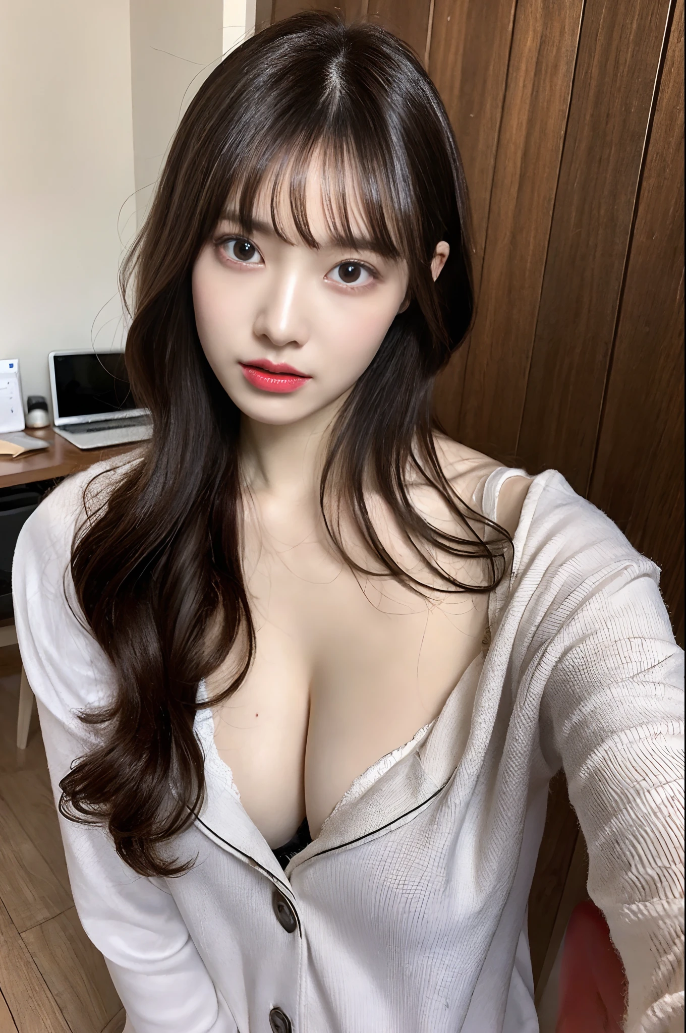 (surrealistic)、(illustratio)、(hight resolution)、(8K)、(ighly detailed)、(The best illustrations)、(beatiful detailed eyes)、(top-quality)、(ultra-detailliert)、(masterpiece)、(wall-paper)、(A detailed face)、Girl in Solo 1、hair wavy、Korea person、(Wet clothes: 1.9) 、Super fine face、Narrow-eyed、二重まぶた、((longwavy hair) )、Gray pajamas、no-bra、Exposed cleavage、Retro room、Modern wooden desk、Retro chair、Wooden flooring、Unusual eyes、Small moles under the eyes、huge tit、long legged、Toned abs、Dynamic poses、Hands on the floor、disheveled clothing、luslous skin、Shameful face、embarassed face、full bodyesbian、Spreading the crotch、Hands folded、CalvinKlein、Gray underwear