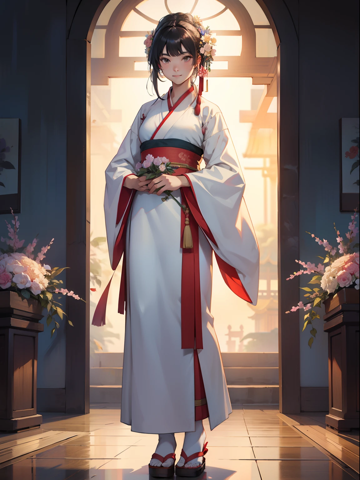 A woman who is，Hanfu，Flowers in hand，standing on your feet，nigth，