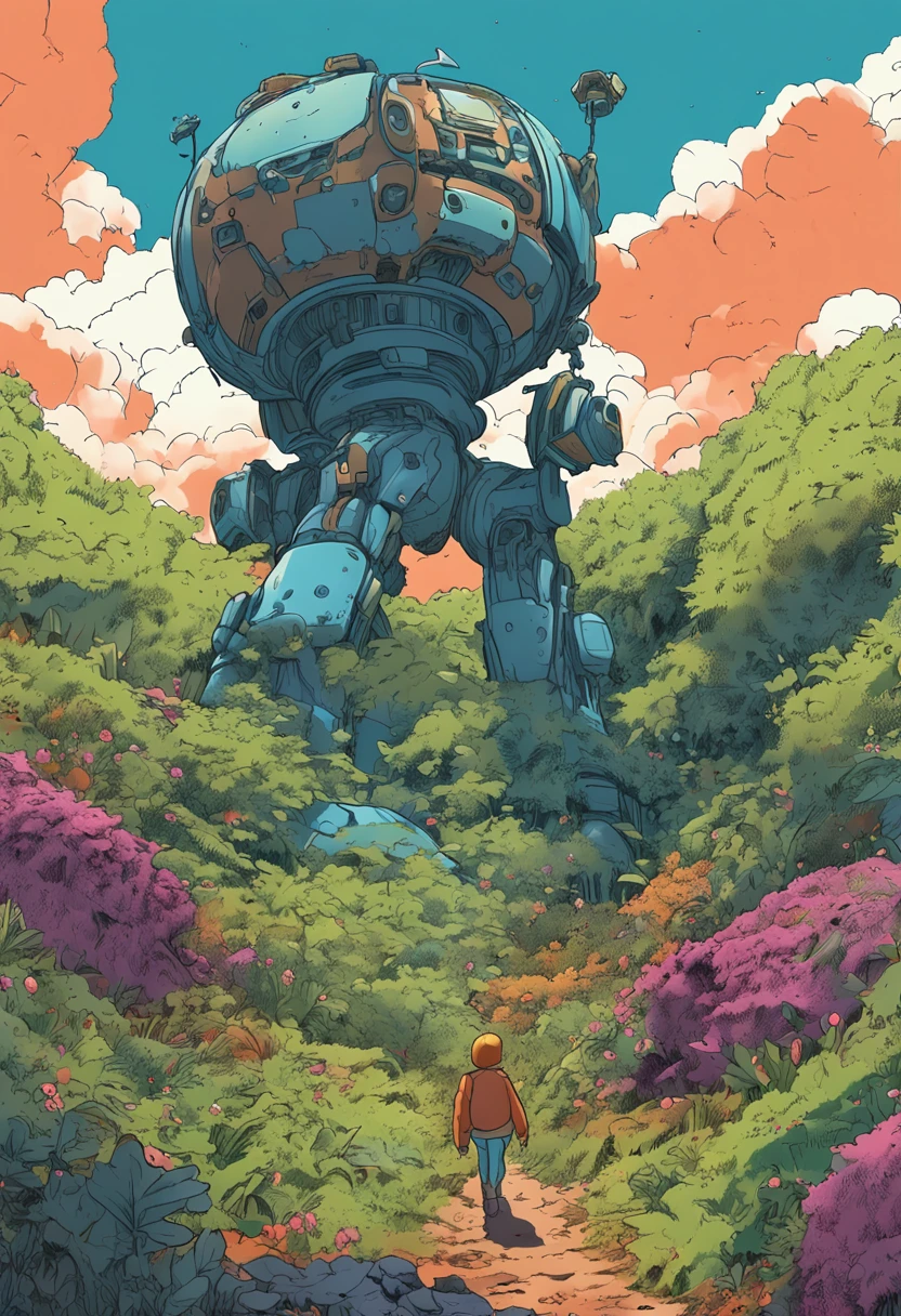 paysage fantastique, Nausicaa, cultivated fields, Statue of a fantastic robot character buried under vegetation, (Uneven terrain:1.6), (Colorful fungal houses recovered: 1.5), (buissons moelleux: 1.1), vent, Cumulonimbus Cloud, cirrus, thick silhouette, silhouette pointue, extreme details, 8k, UHD, grain du film, Colorful drawing