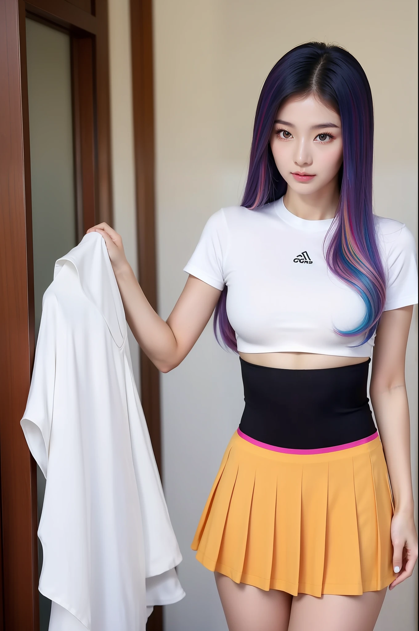 sport girl, body suite, arafed asian woman in a skirt posing for a picture, jaeyeon nam, gorgeous young korean woman, beautiful south korean woman, korean girl, beautiful young korean woman, korean woman, heonhwa choe, korean women's fashion model, sexy look, big breast, rainbow hair, sexy pose, show breast