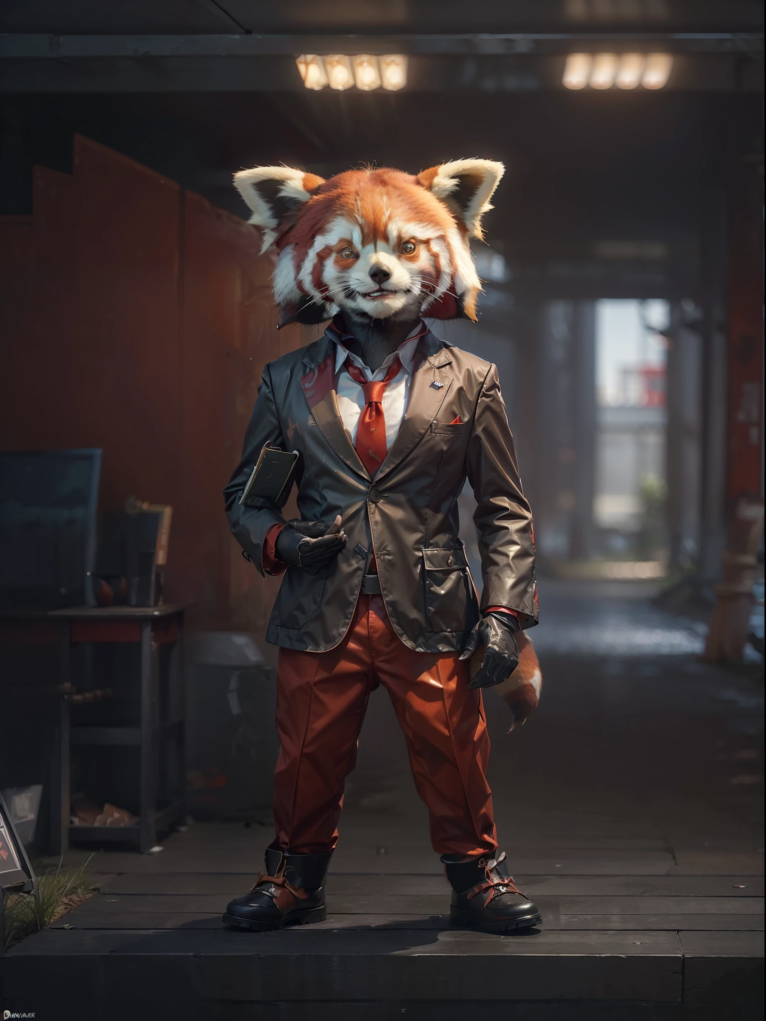 (((fullbody image、Standing posture)))、(Full body red panda standing upright in luxury business suit、Humanoid Red Panda、Cool anthropomorphic red panda with long legs)、​masterpiece, top-quality, in 8K , intricate detailes, ultra-detailliert , light Particle、32K Digital Paint, Hyper-Realism, No background