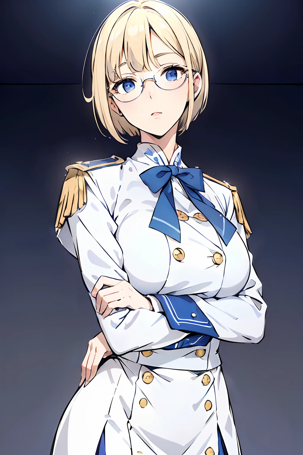 elite school uniform, blue white gold uniform, white skirt, white top, blue ribbon, golden buttons, golden shoulder pats, adult, 22 years, blond hair, short hair, chignon hair cut, round glasses, blue eyes, beautiful eyes, mid-sized breast, neutral expression, tall girl, masterpiece, classroom background