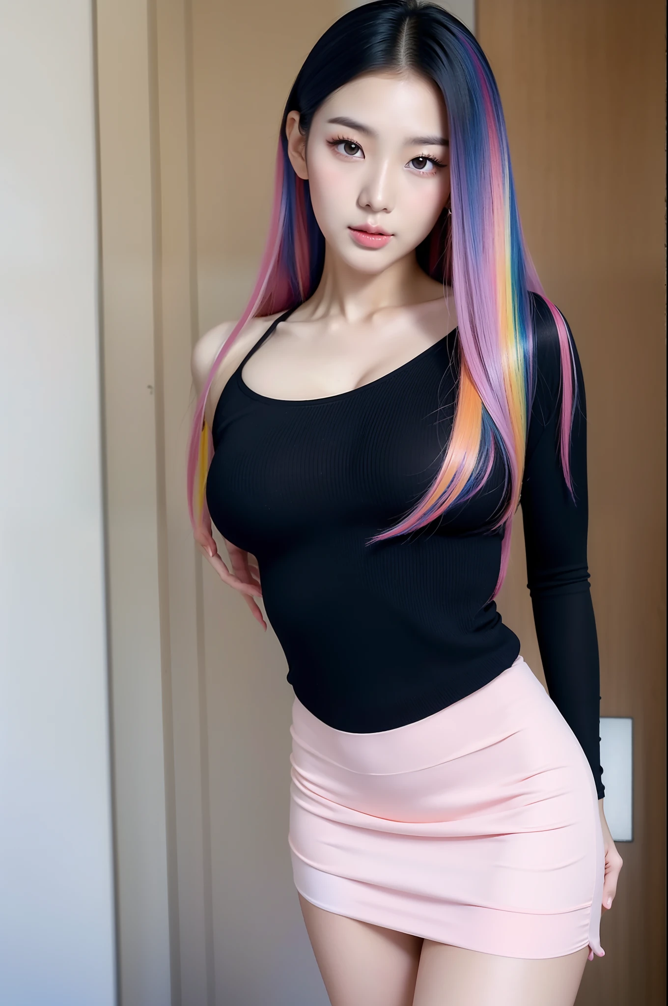 sport girl, arafed asian woman in a skirt posing for a picture, jaeyeon nam, gorgeous young korean woman, beautiful south korean woman, korean girl, beautiful young korean woman, korean woman, heonhwa choe, korean women's fashion model, sexy look, big breast, rainbow hair, sexy pose, show breast