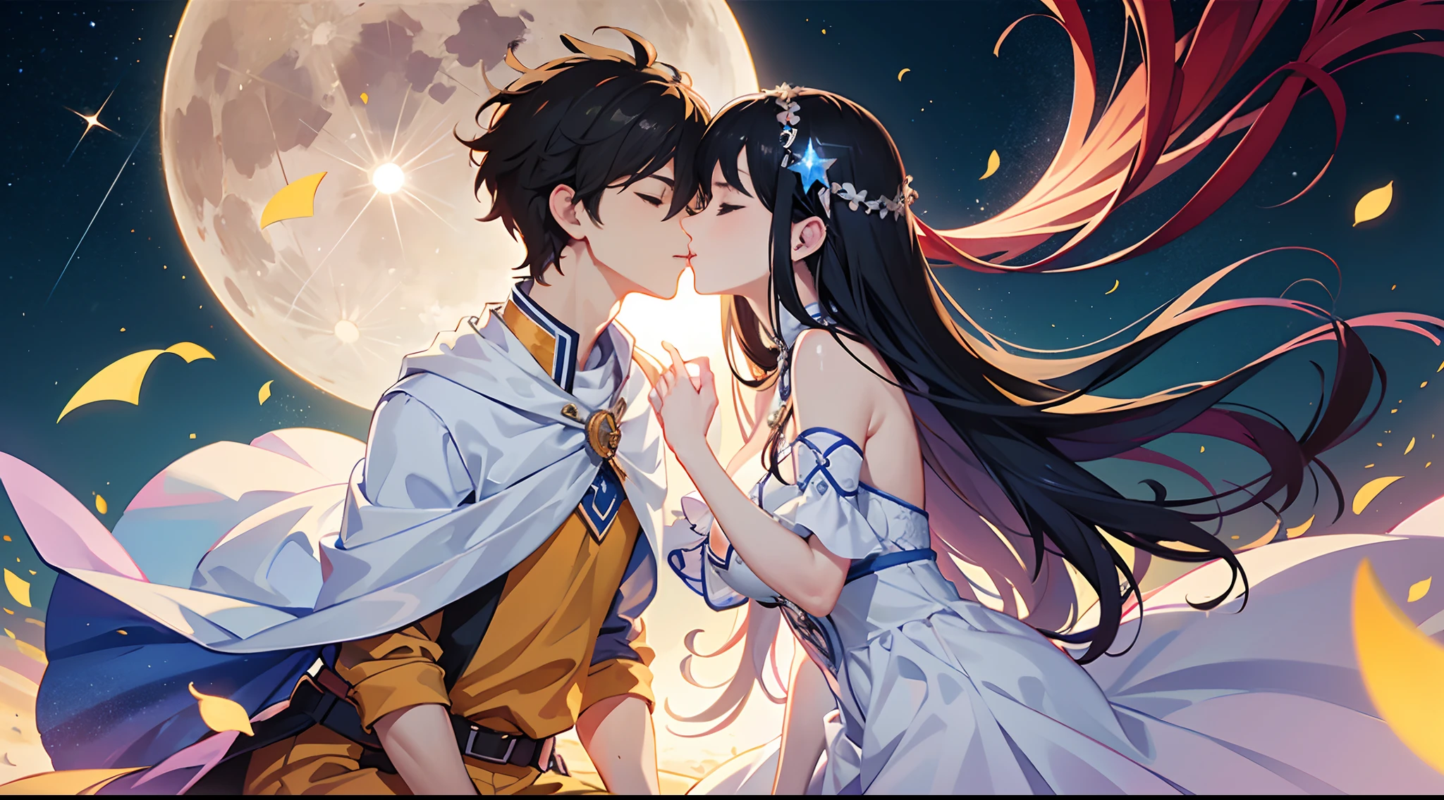 (masterpiece, Highest quality, Official Art, Beauty and aesthetics:1.5), Oil paintings by Leonardo da Vinci and Alfons Maria Mucha, (Perfect Anatomy), Two gorgeous, stunning, white-skinned, young pregnant goddesses are deeply in love with each other, kiss, Great makeup, jewelry, Romantic atmosphere, Flowers and Moon, Amazing panoramic views