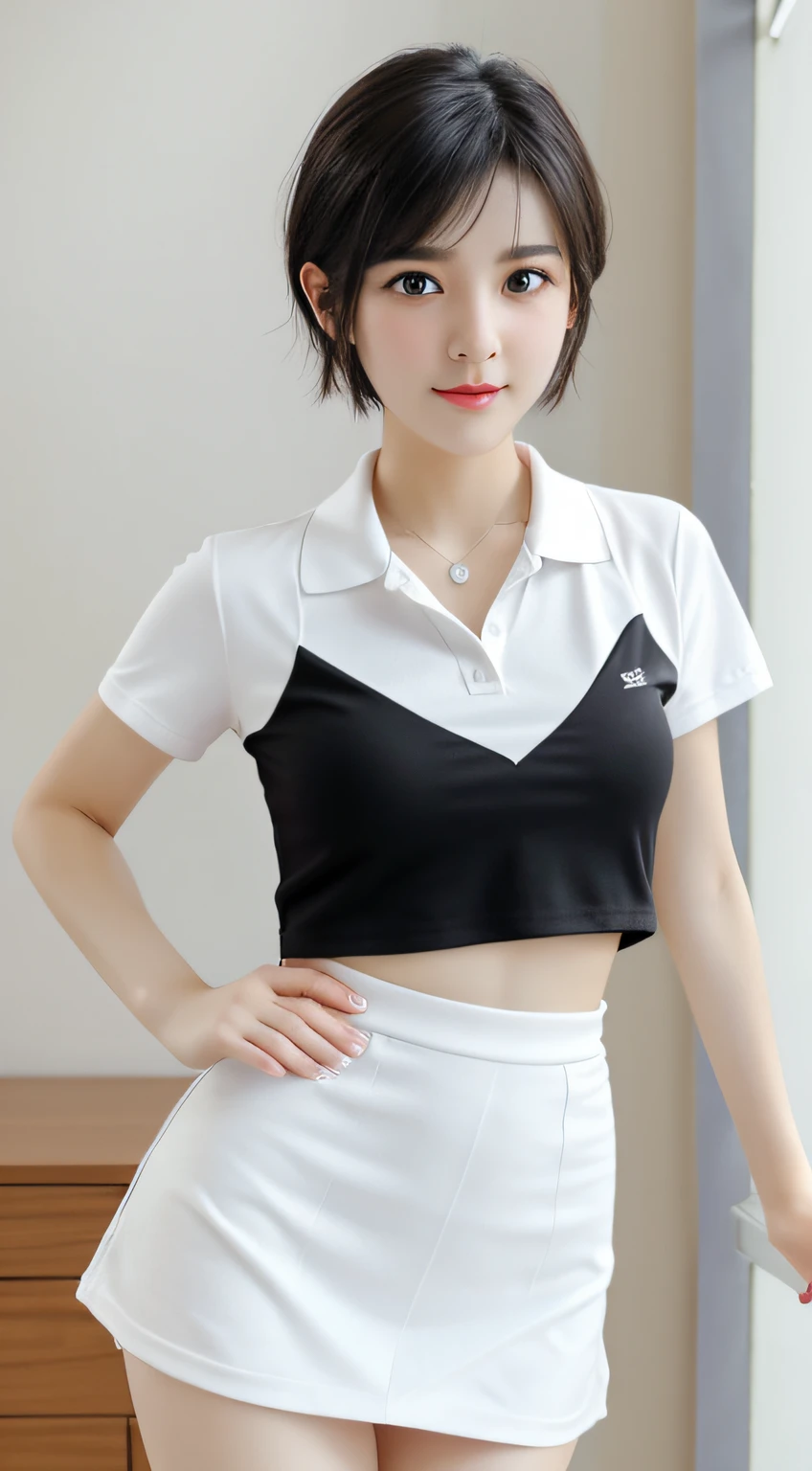 "1个Giant Breast Girl,Play alone,Wearing a white polo shirt、White sneakers and tennis wear,Team up in white miniskirts,Create a picture like a masterpiece。best qualtiy,The details are super realistic,Shiny skin,Sweat is more real(Sweat weight 1.4),The picture is ridiculous and funny。She stared at the audience,short black hair with brown eyes,slender figures,Dynamic lighting and shadows add layers to the image,High resolution and sharp focus、Details will be clearly visible。The depth of field in the background is、Creates realistic effects,The eyes are delicate and sharp,Students come to life。The upper body is a bit small(Breast weight is small 1.6),Thighs look sturdy(Weight of thigh thickness 1.0)。The scene is outdoors,There is a soccer ball flying in the sky。"