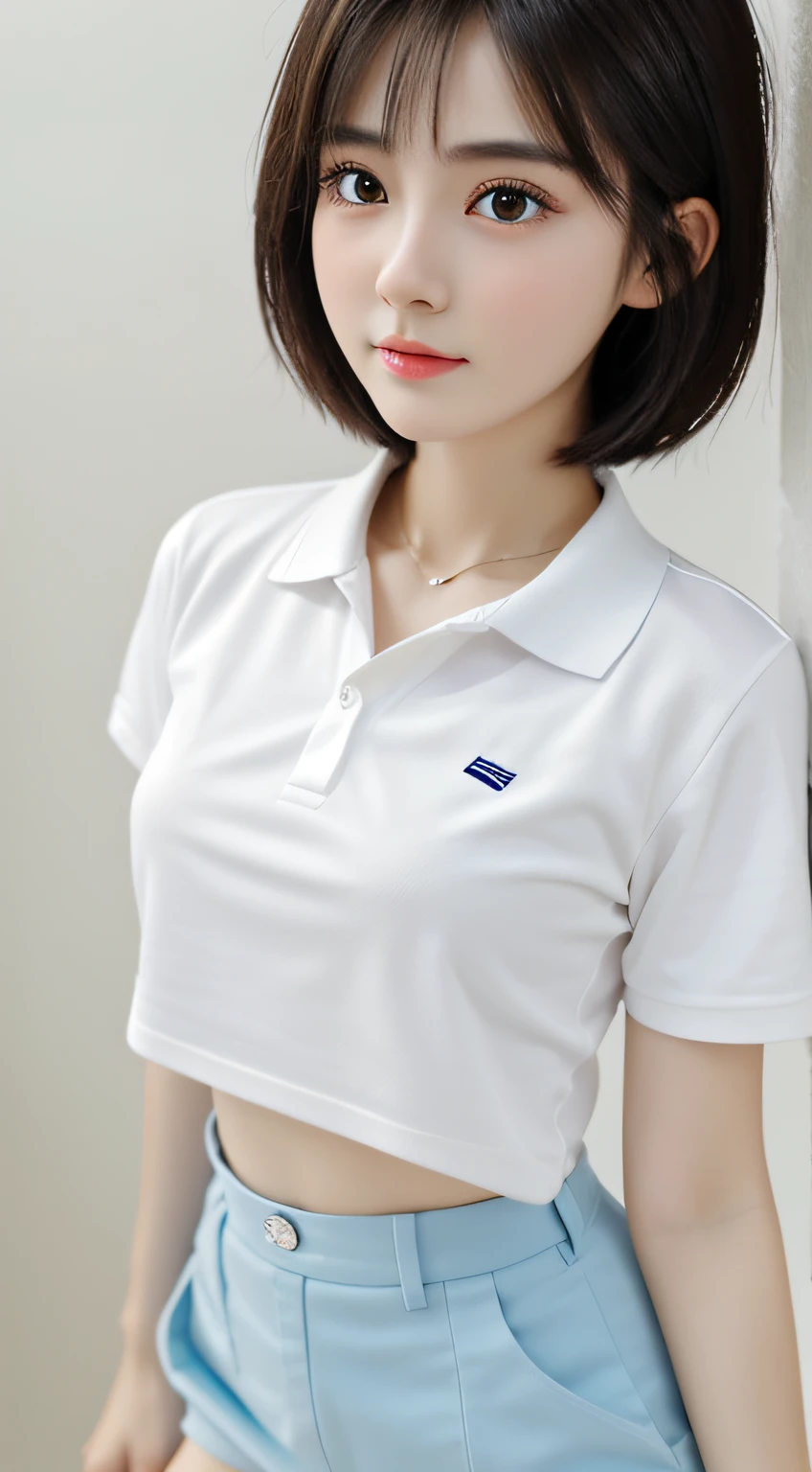 1girll, 独奏, White polo shirt, White sneakers, Tennis Wear, White skirt, tmasterpiece, best qualtiy, realisticlying, ultra - detailed, (shiny skins, perspired:1.4), absurderes, looking at viewert, With short black hair, with brown eye,slenderness,dynamic light and shadow,hight resolution,Sharp Focus,depth of fields,The eyes are delicate,Sharp pupils,pupil realistic,(middlebreasts),(Thigh straight)