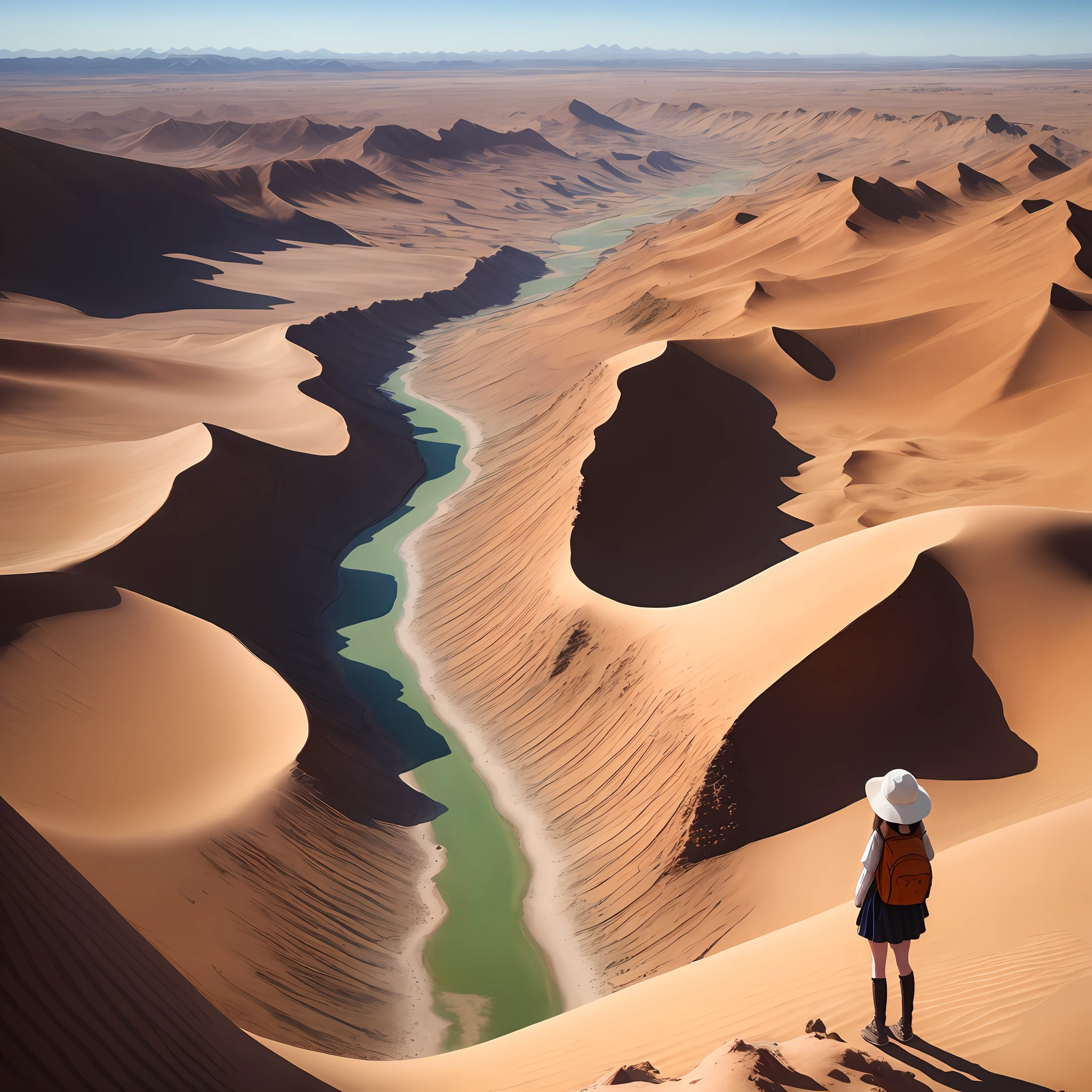 A desert、girl with、vast scenery、traveller