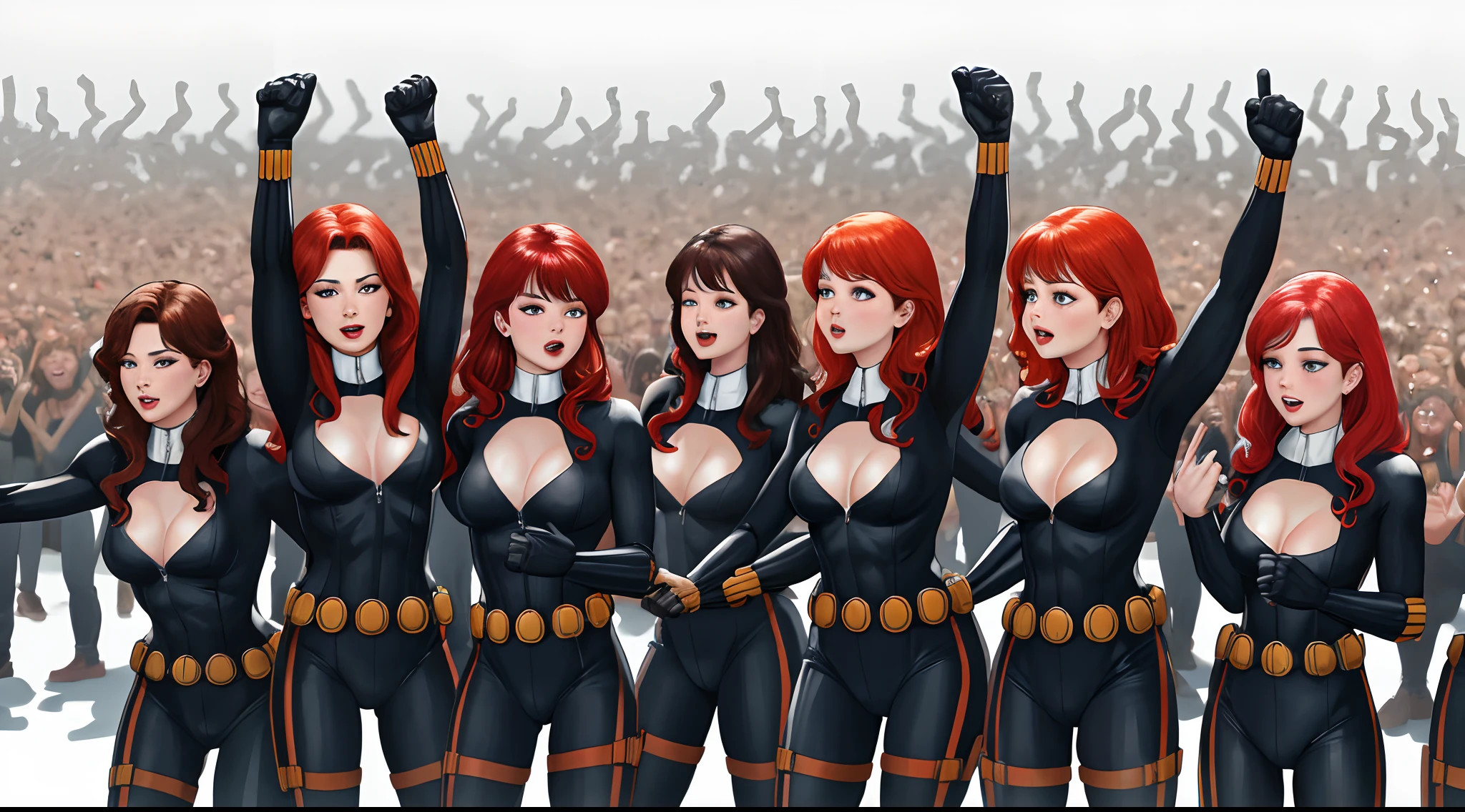 blackwidow, white background, (thousands of, crowd of), identical girls, crowd shot, identical sisters, clones