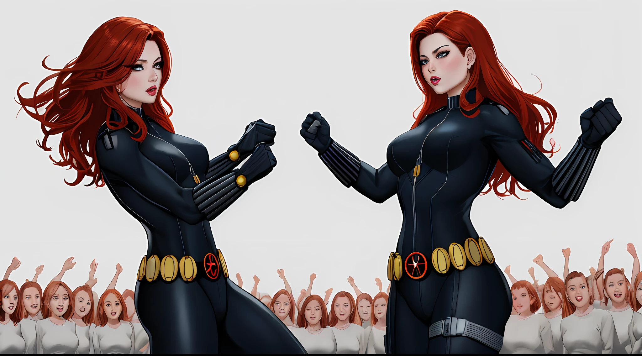 blackwidow, white background, (thousands of, crowd of), identical girls, crowd shot, identical sisters, clones