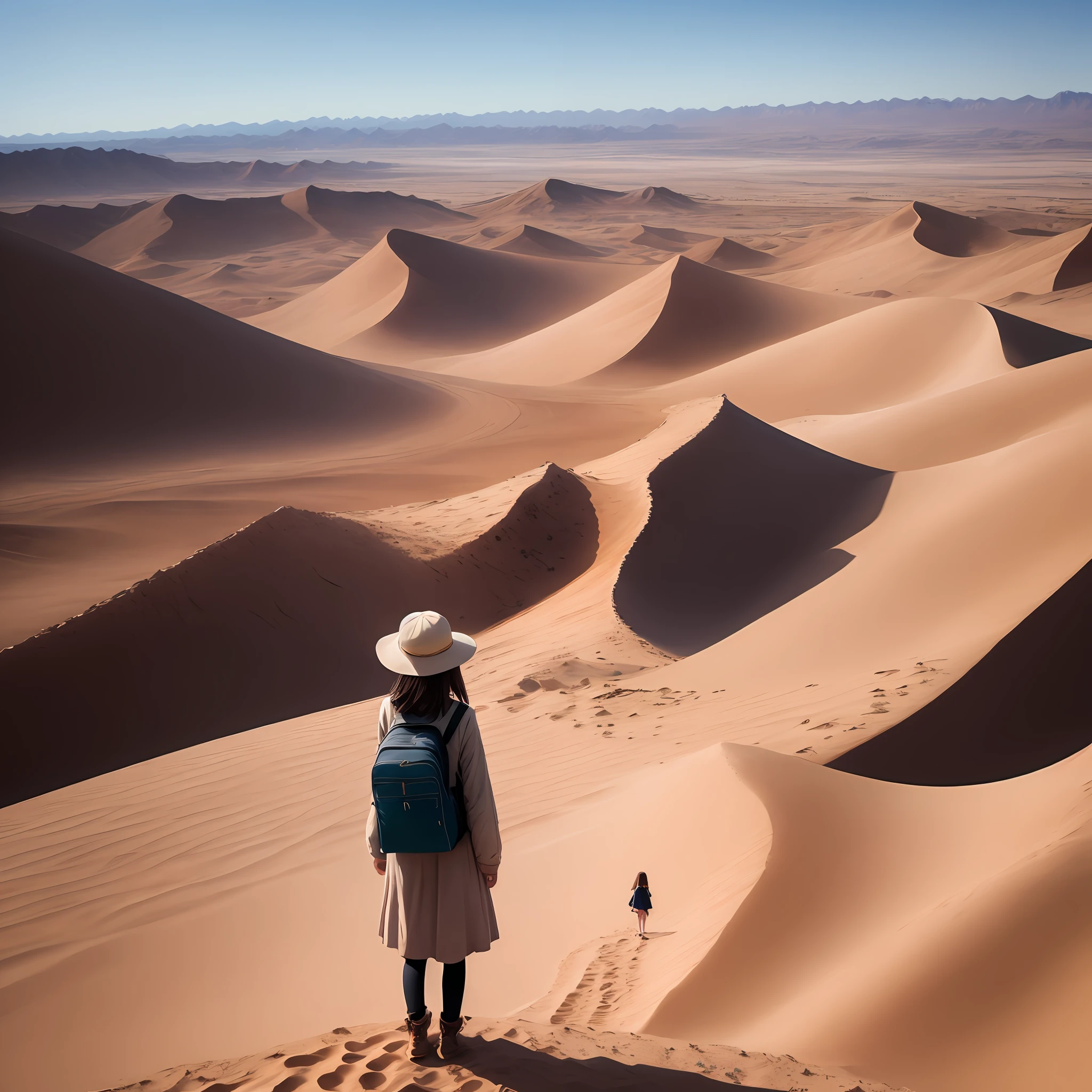 A desert、girl with、vast scenery、traveller