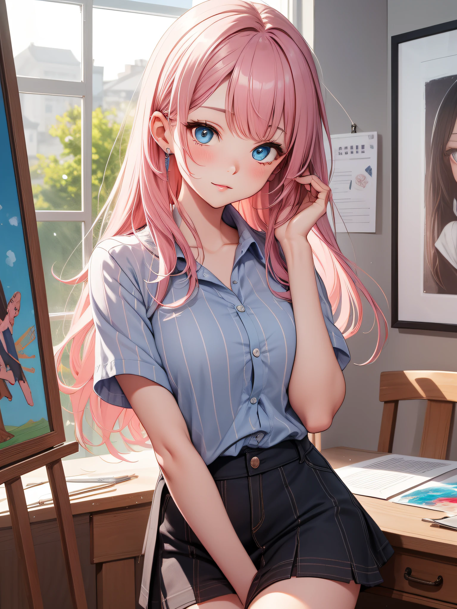 Top quality ultra-detailed CG art、Upper body naked、pupils on：１.２）Pink head、Glossy hair、smooth hair、large blue eyes,Mid summer、Delicate body、cheerful girl、Tying hair、vertical stripes、Art Room、Painting、student clothes、shortsleeves、a miniskirt、