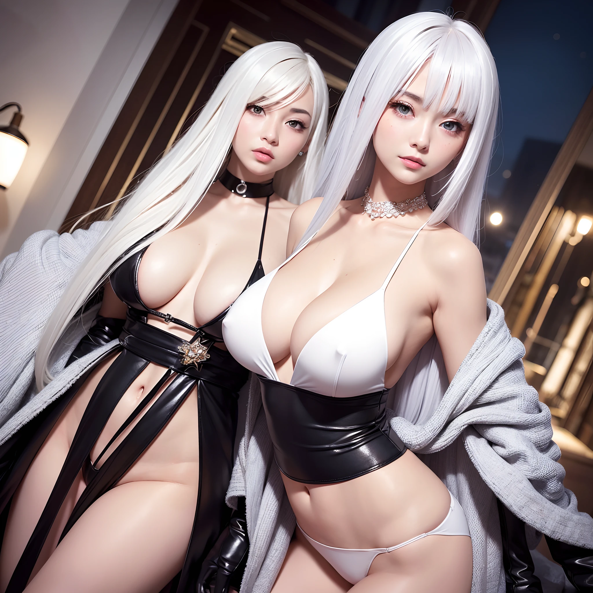 An ultra-high picture quality，Glamorous，cleavage of the breast，a small face，modeled，White hair、女優，Luxurious clothing，nighttime scene、full bodyesbian