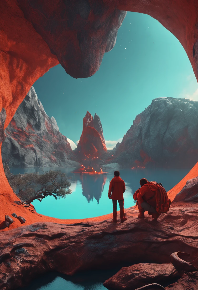 Homem sentado em uma rocha em frente a um lago com um grande objeto circular no meio, VFX surreal altamente detalhado, Efeitos visuais impressionantes, visuais de outro mundo, realismo | bipe, bipe. hiper-realismoo, Beeple e Mike Winkelmann, bipe. octan render, flares anamorphic, Beeple e Jean Giraud
