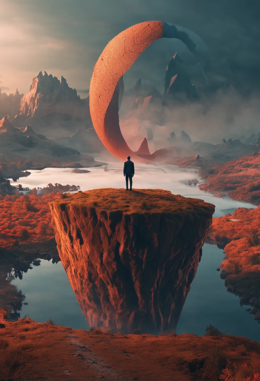 Homem sentado em uma rocha em frente a um lago com um grande objeto circular no meio, VFX surreal altamente detalhado, Efeitos visuais impressionantes, visuais de outro mundo, realismo | bipe, bipe. hiper-realismoo, Beeple e Mike Winkelmann, bipe. octan render, flares anamorphic, Beeple e Jean Giraud